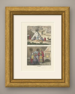 Nomadic Lapp Reindeer Camp and a Finnish Interior, Hand Colored Lithograph, 1842