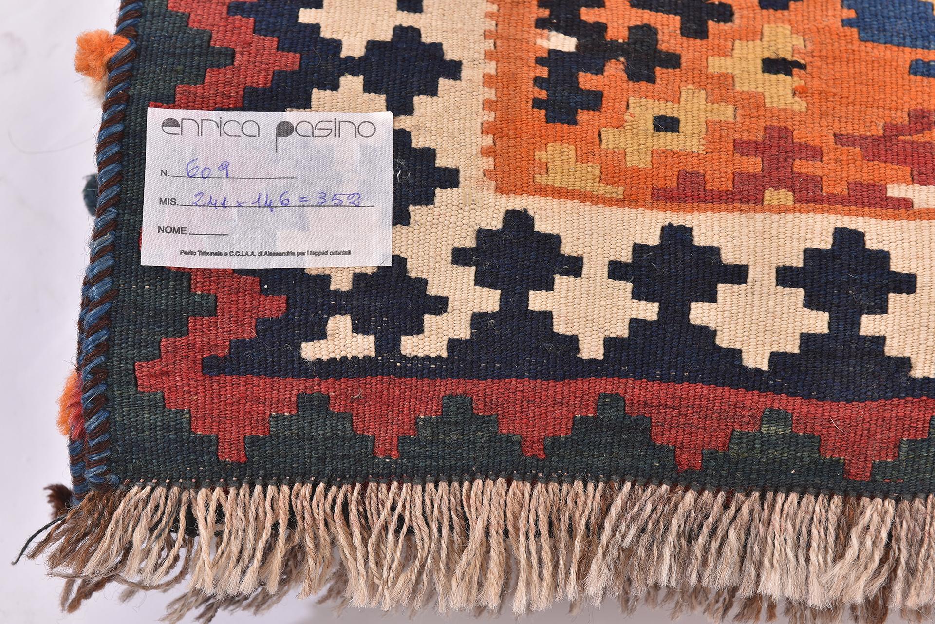 nr. 609 - Very pleasant kilim, with a èerfect workmanship, with shades of light- blue and blue: such special colors obtained with the indigo  substance .  Dense and accurate workmanship.
Now with a very good price for closing activities.