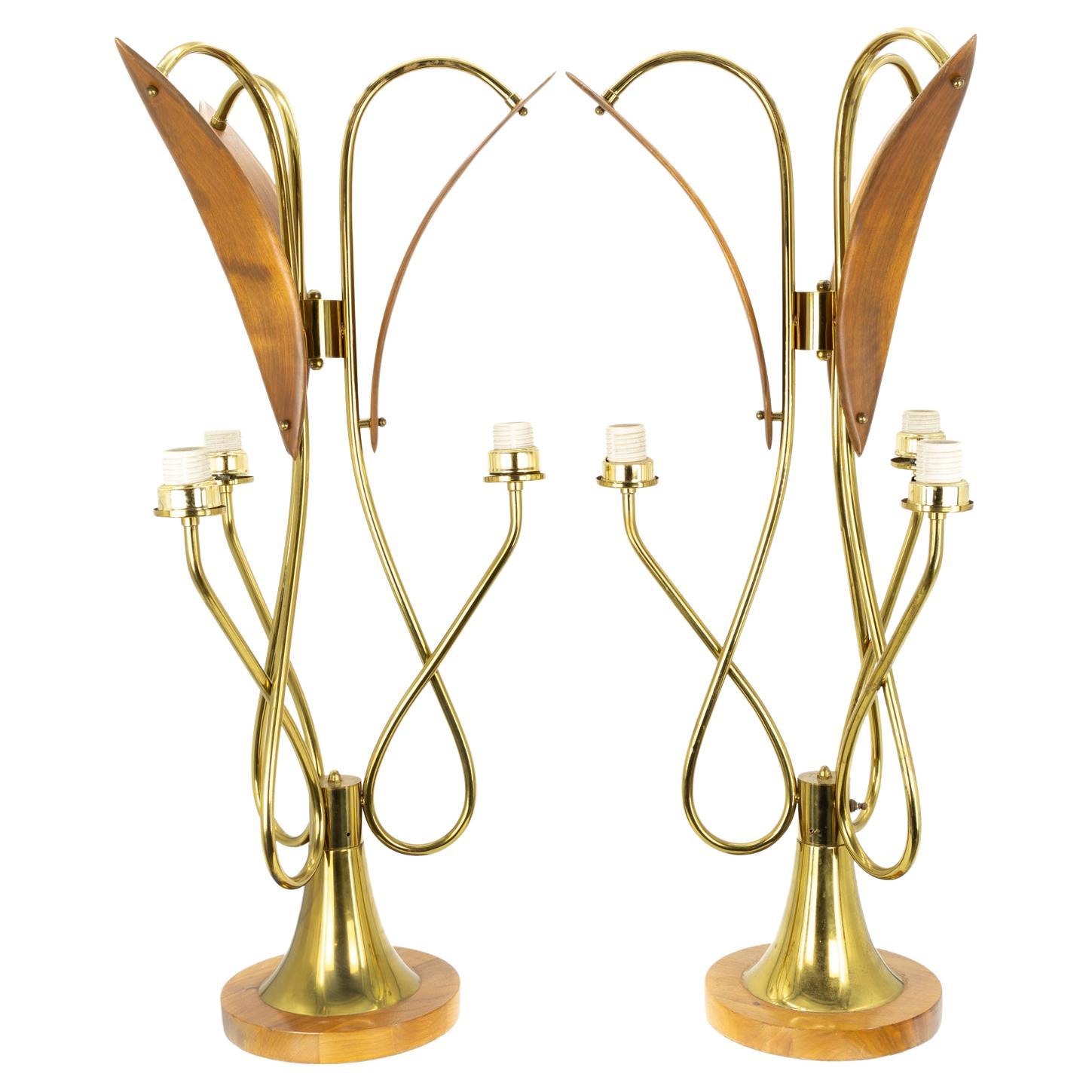 Nomina Organica Mid Century Brass Walnut Lamps - Pair For Sale