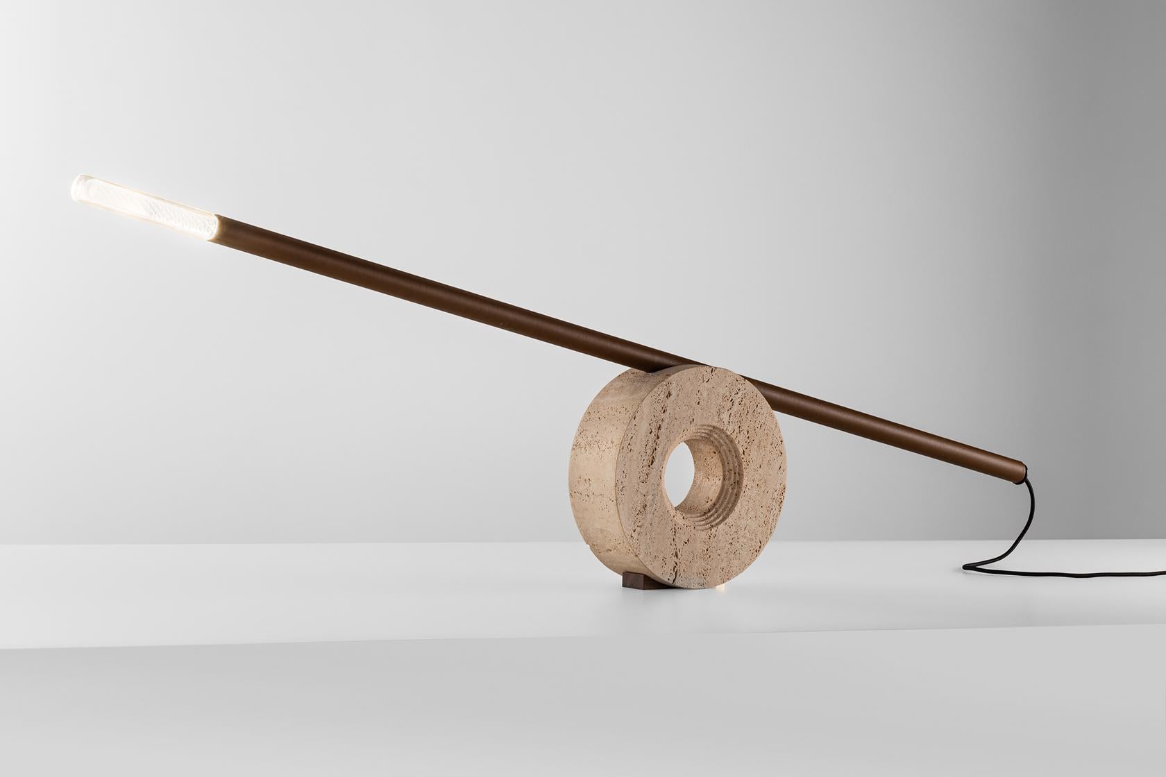 Table/floor lamp Nomos - travertine marble, leather, glass For Sale 4