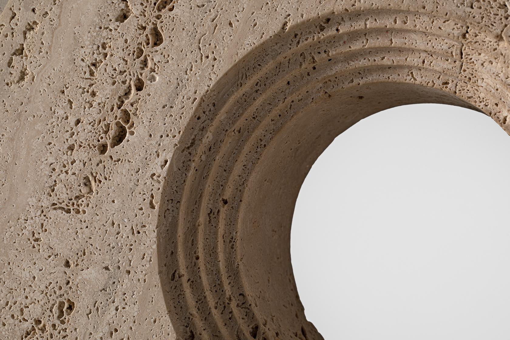 Floor lamp with LED technology. Wheel-shaped base in Italian travertine marble, brass rod covered with Arzignano leather hand-stitched in Tolentino, hand-twisted Murano crystal glass diffuser with borosilicate glass cover. Citing the archetype of