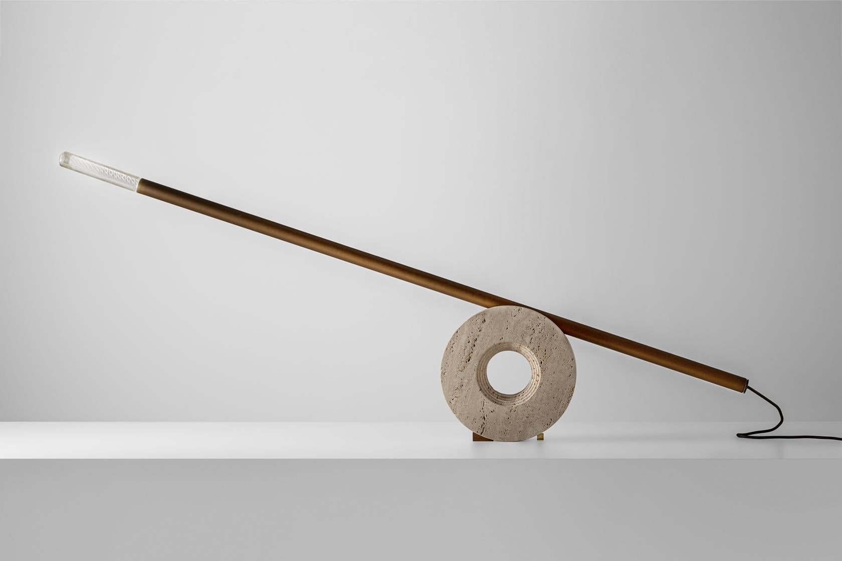 Table/floor lamp Nomos - travertine marble, leather, glass For Sale 2