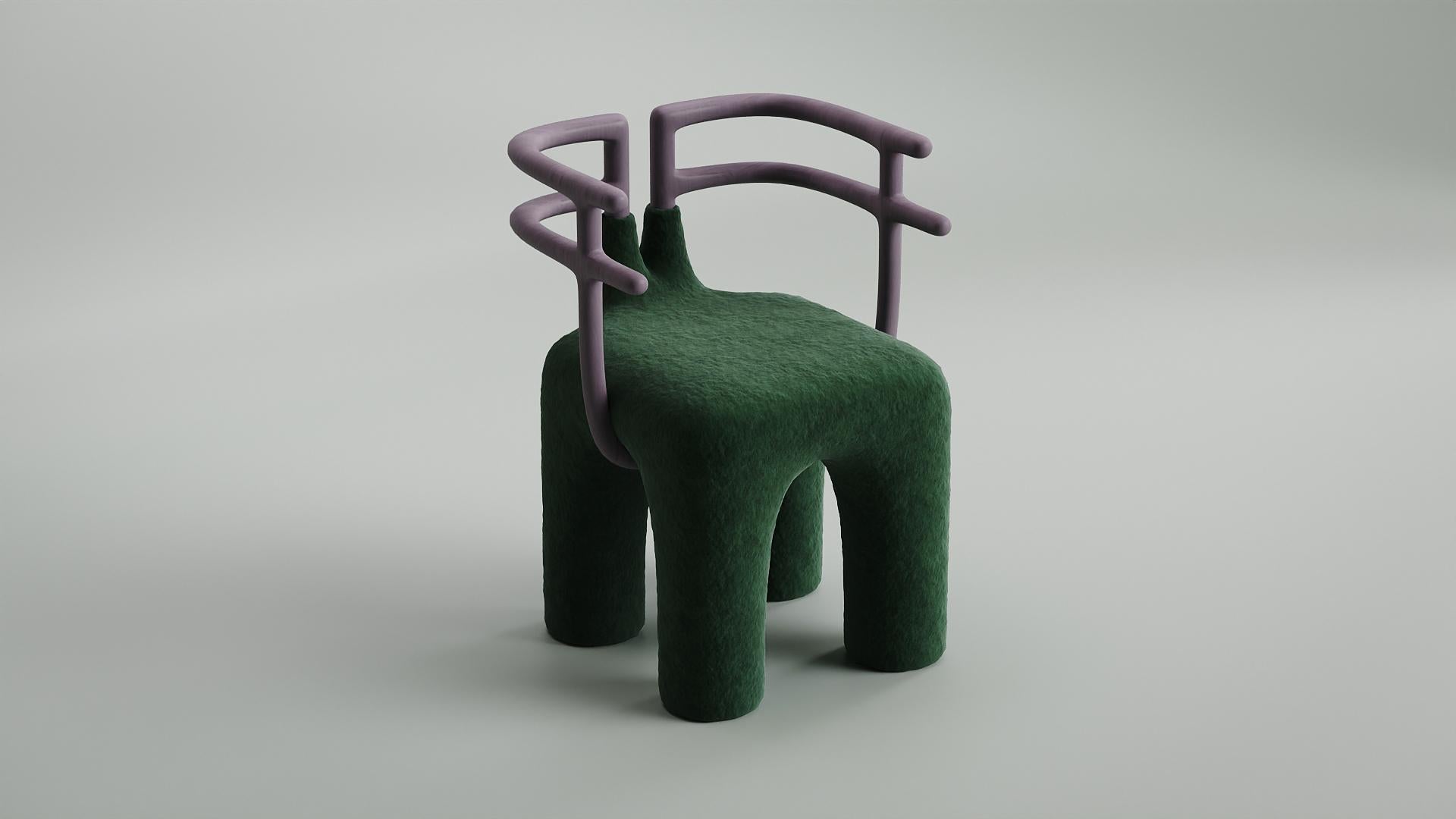 Non Hunting Time Chair by Taras Yoom
Limited Edition of 30
Dimensions: D 40 x W 45 x H 60 cm
Materials: Wood, metal, felt, PU.

Chair «Non hunting time» consists of a wooden base with soft fabric upholstery and a wooden chairback in the form of