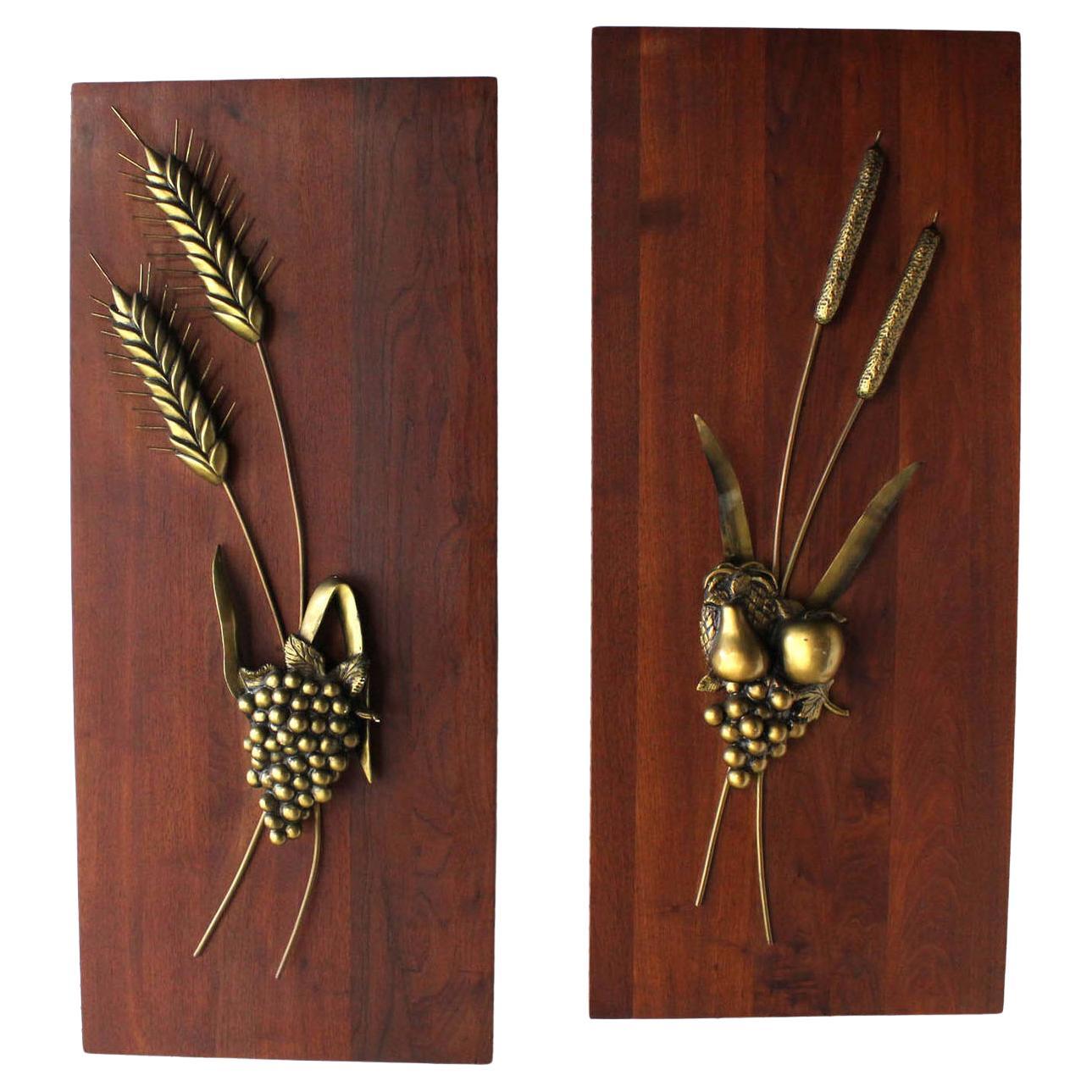 Non Matching Pair Cast Metal Sculptures of Fruits Solid Walnut Mount Board Mint! For Sale