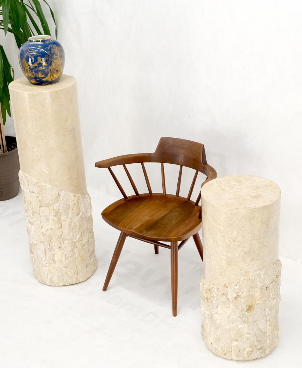 Mid-Century Modern Non Matching Pair of Tessellated & Carved Stone Round Drum Pedestals For Sale