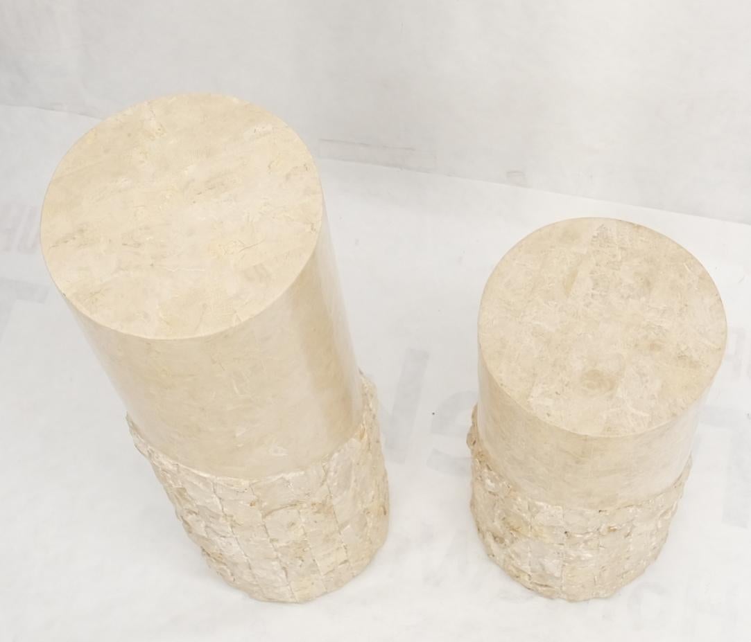 Southeast Asian Non Matching Pair of Tessellated & Carved Stone Round Drum Pedestals For Sale