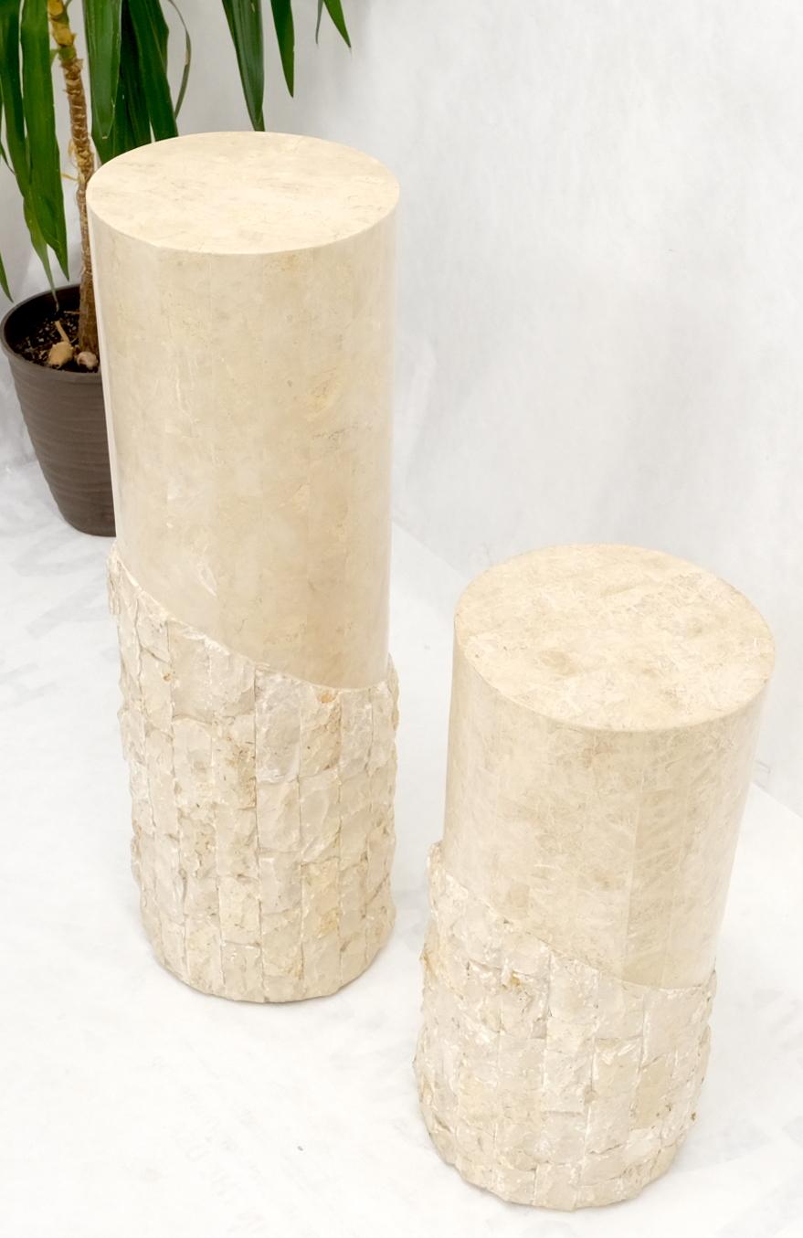 Non Matching Pair of Tessellated & Carved Stone Round Drum Pedestals In Good Condition For Sale In Rockaway, NJ
