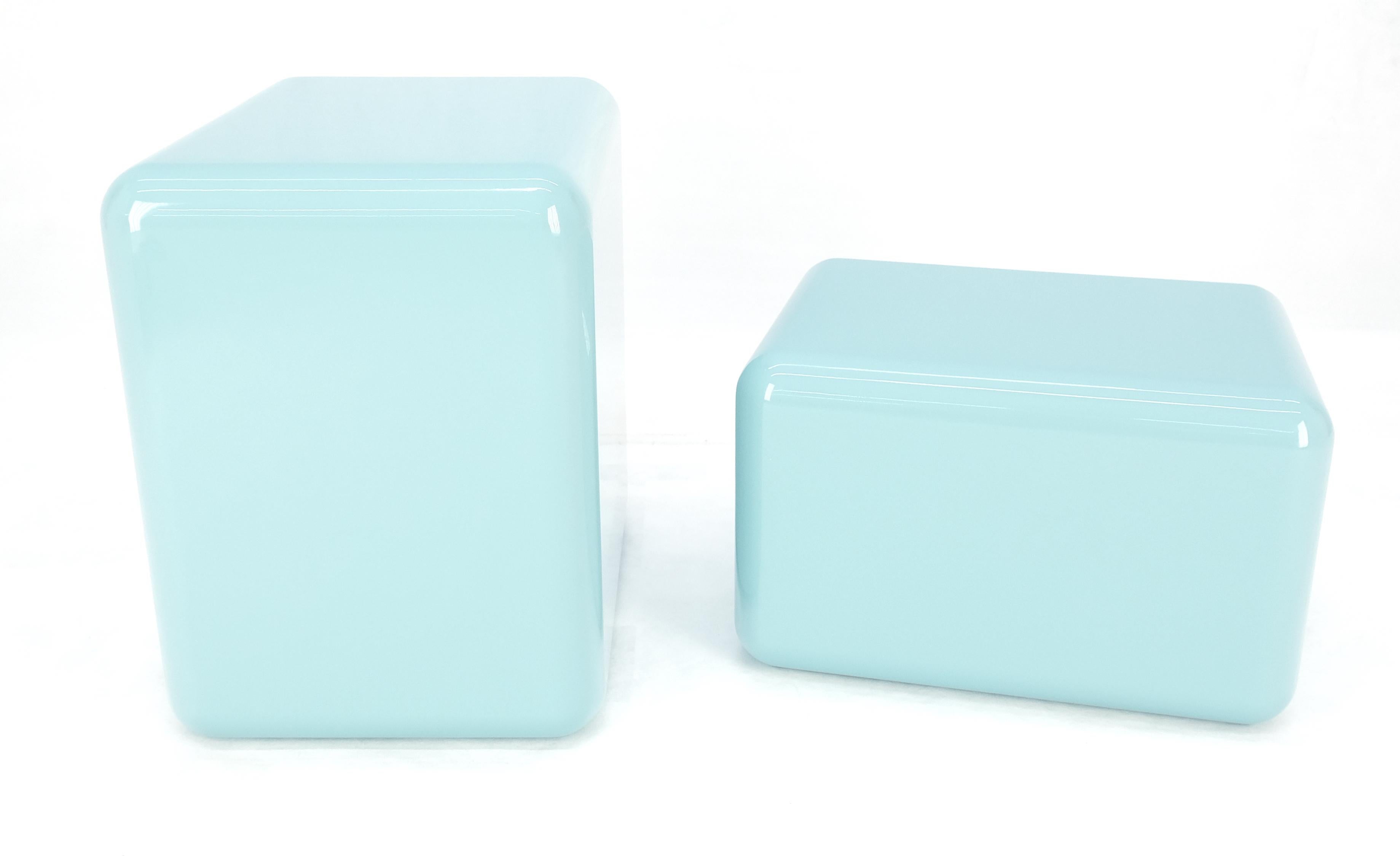  Non Matching Pair Rounded Edges and Corners Thick Enamel Finish Side End Tables Stands Pedestals

Large Pedestal Dimensions:
16in x 12in x 16in
Small Pedestal Dimensions:
16in x 12in x 10in