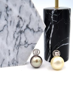Non-Pierced Mismatched Simple Diamond Gold South Sea Tahitian Pearl Clip Earring