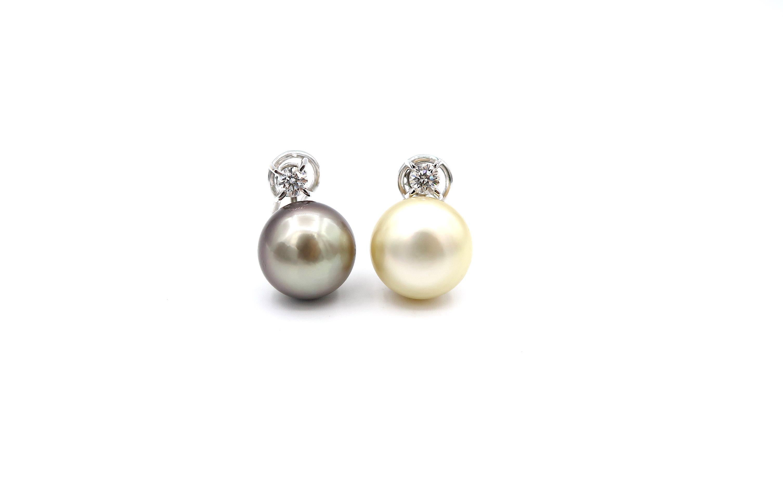 Contemporary Non-Pierced Mismatched Simple Diamond Gold South Sea Tahitian Pearl Clip Earring For Sale
