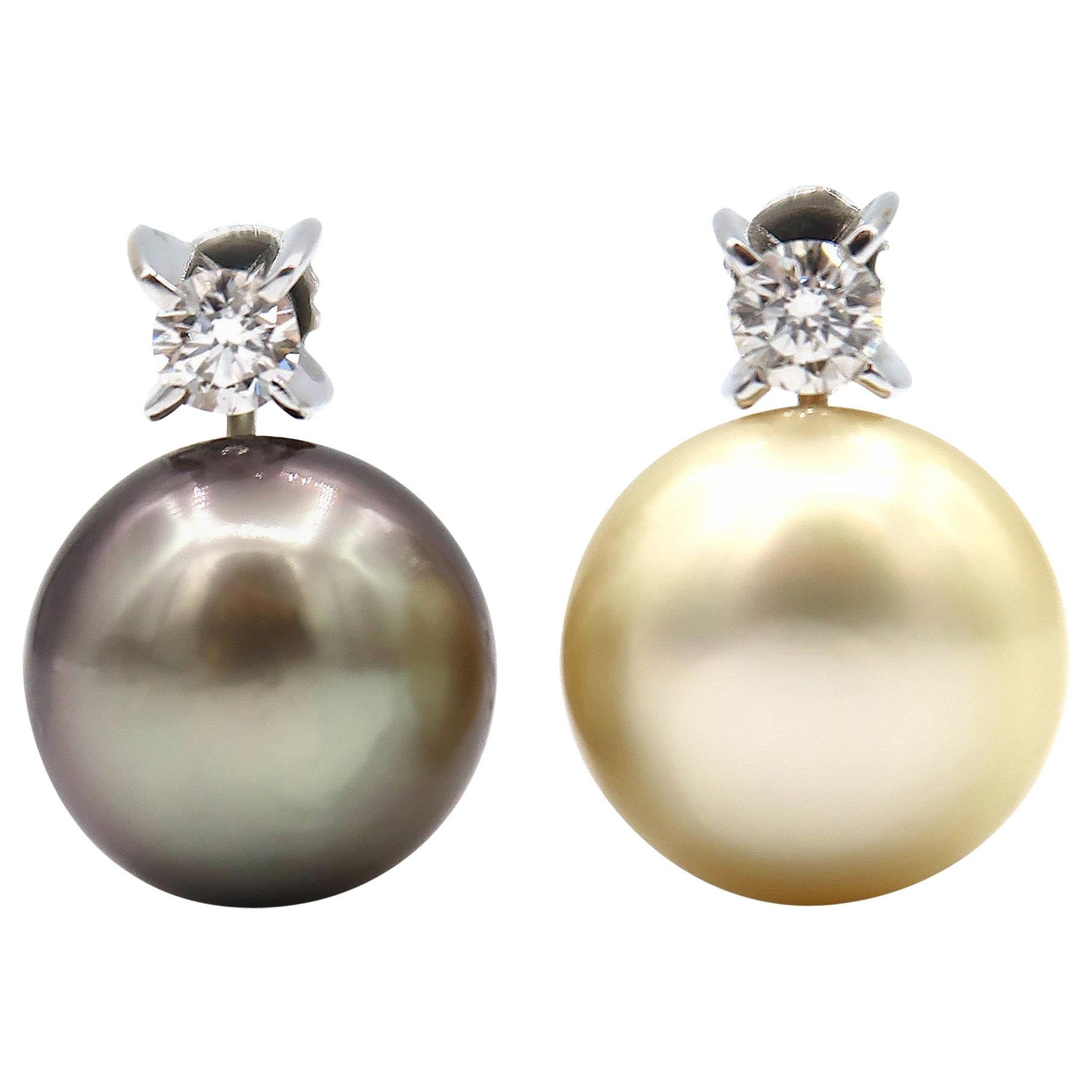 Non-Pierced Mismatched Simple Diamond Gold South Sea Tahitian Pearl Clip Earring For Sale