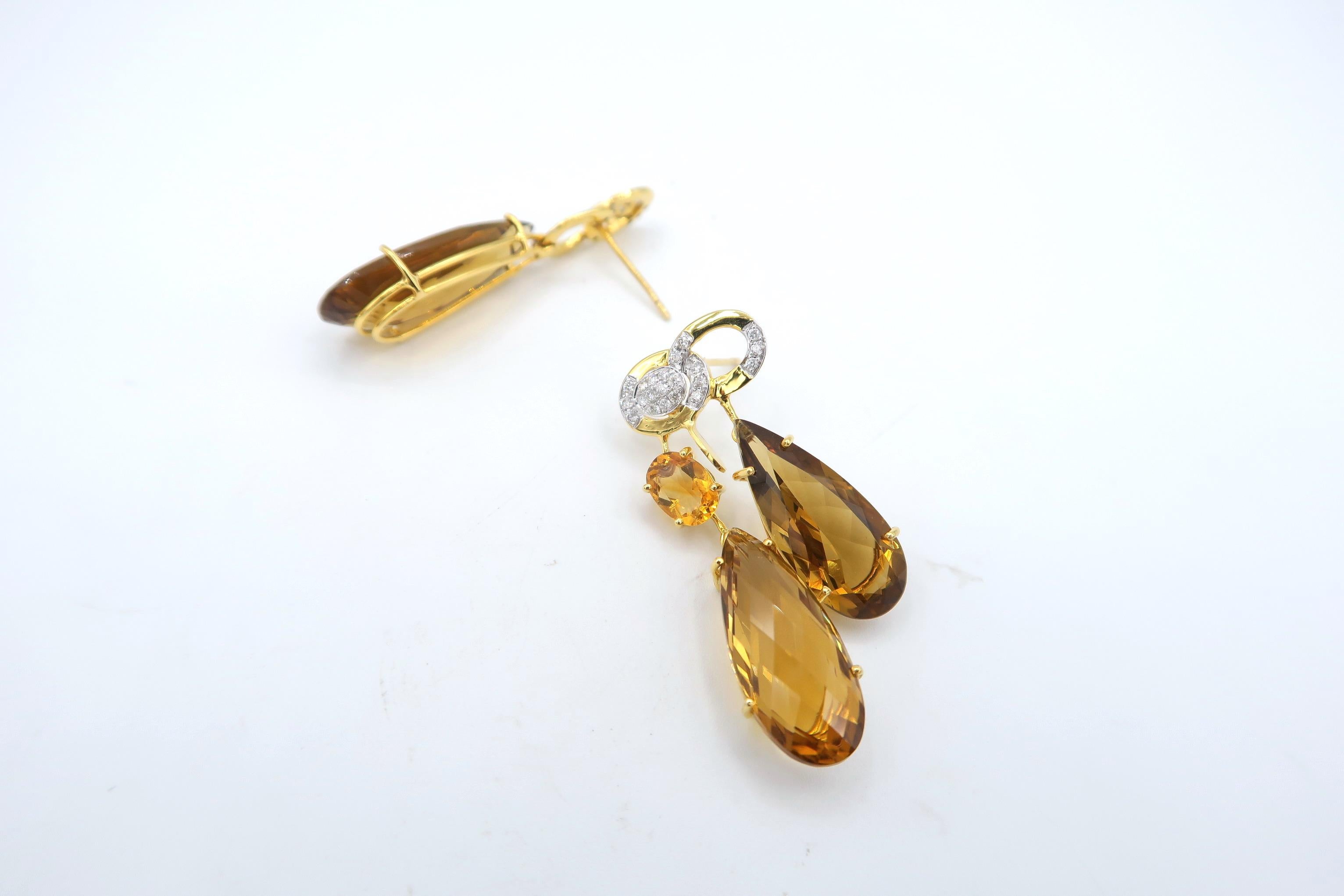 Mixed Cut Nonidentical Drop Citrine and Diamond 18 Karat Yellow Gold Pierced Earrings
