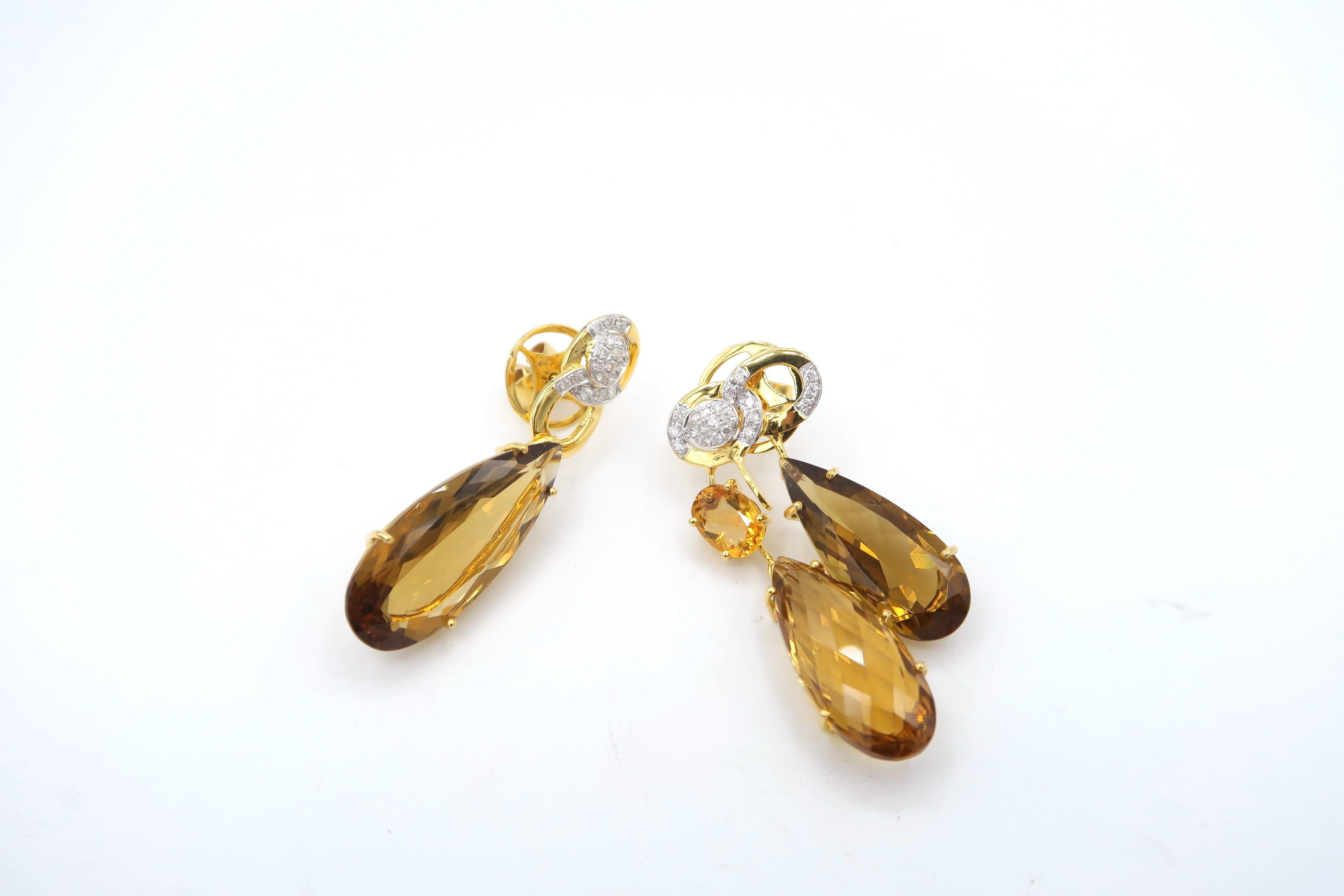 Women's Nonidentical Drop Citrine and Diamond 18 Karat Yellow Gold Pierced Earrings