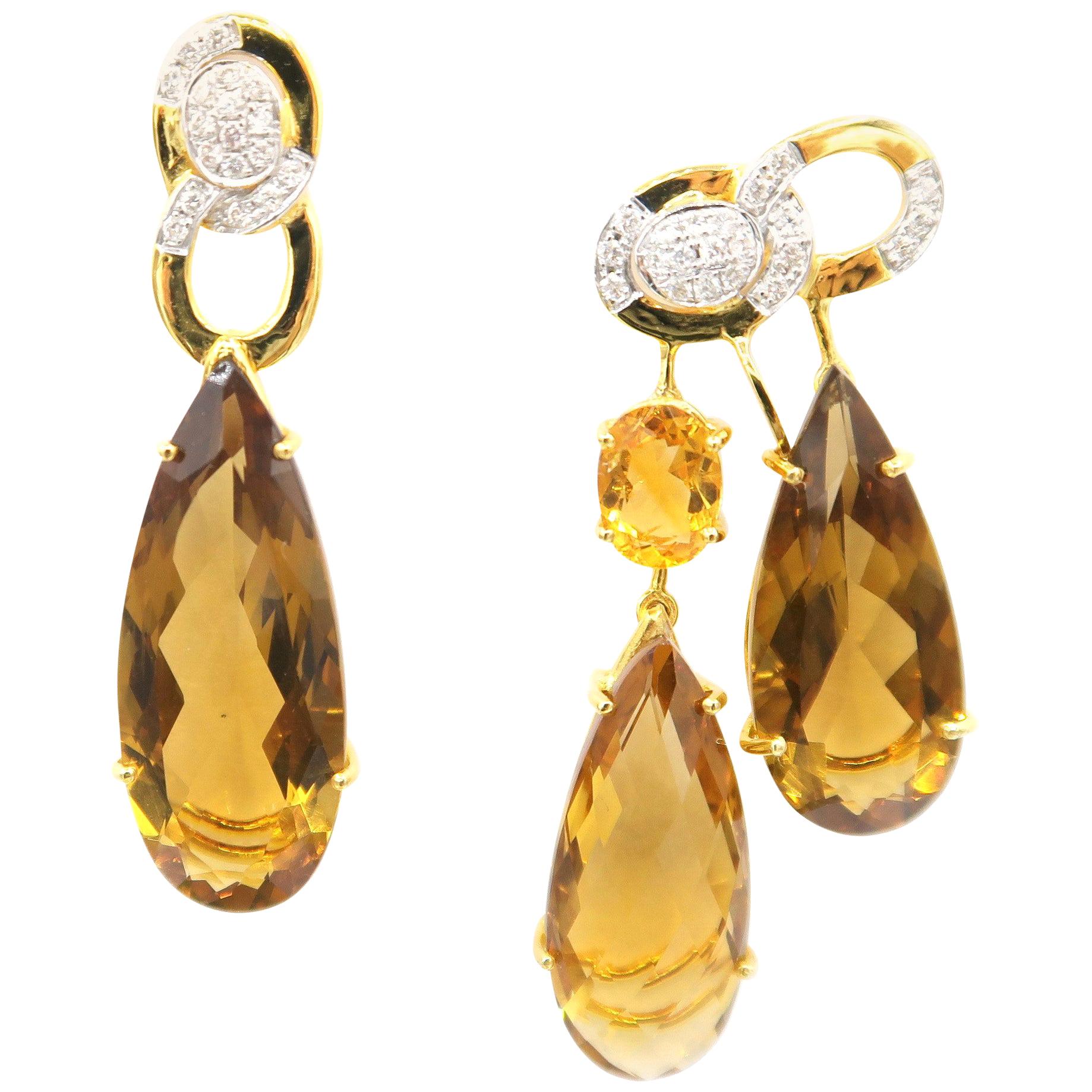 Nonidentical Drop Citrine and Diamond 18 Karat Yellow Gold Pierced Earrings