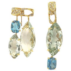 Nonidentical Drop Green Amethyst Blue Topaz and Diamond 18 Karat Gold Earrings