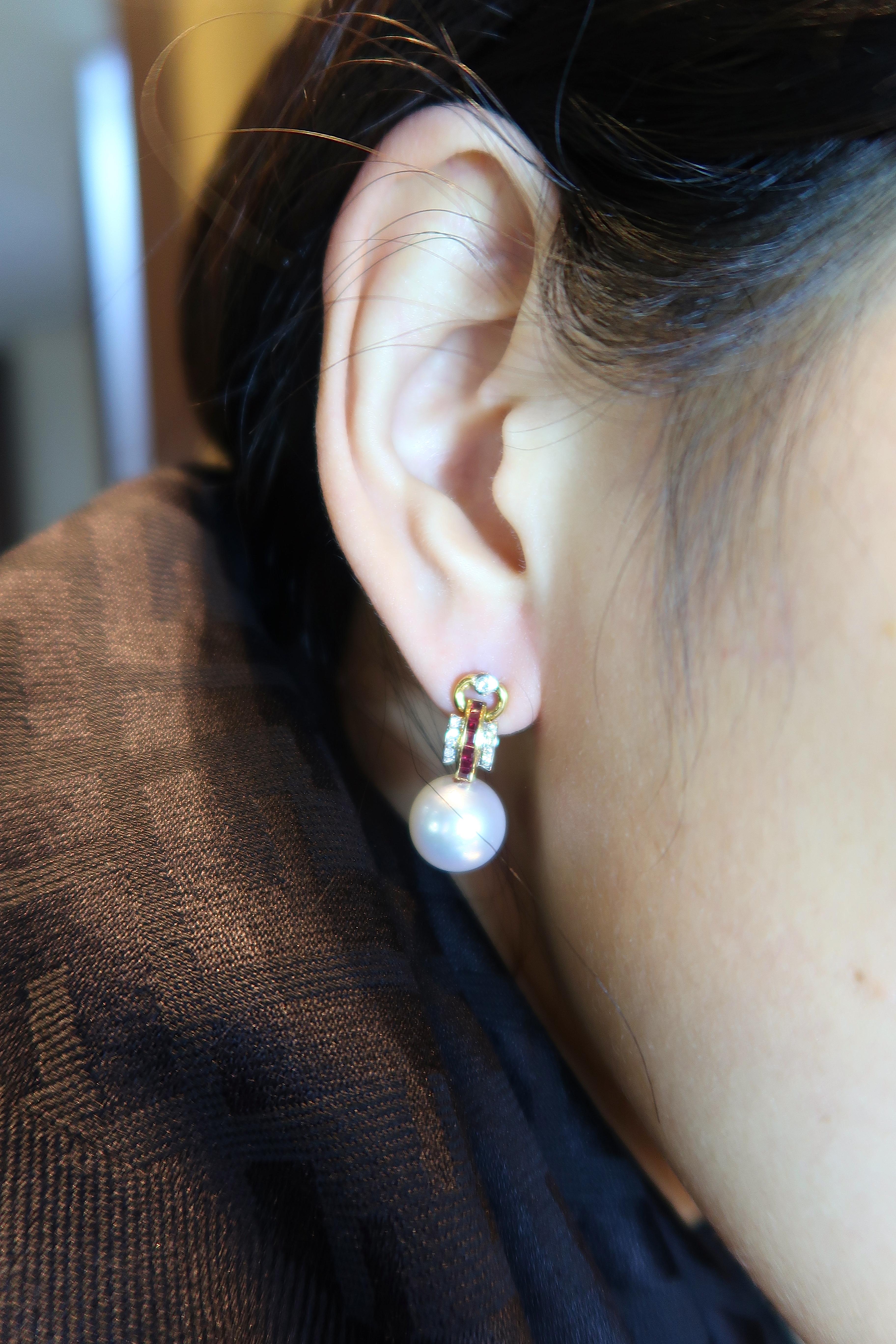 Women's Nonidentical Ruby Sapphire Diamond South Sea Tahitian Pearl Drop 18k Earrings