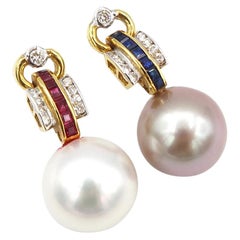 Nonidentical Ruby Sapphire Diamond South Sea Tahitian Pearl Drop 18k Earrings