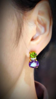 Nonidentical Simple Amethyst Peridot Citrine Apatite Drop Diamond Gold Earrings