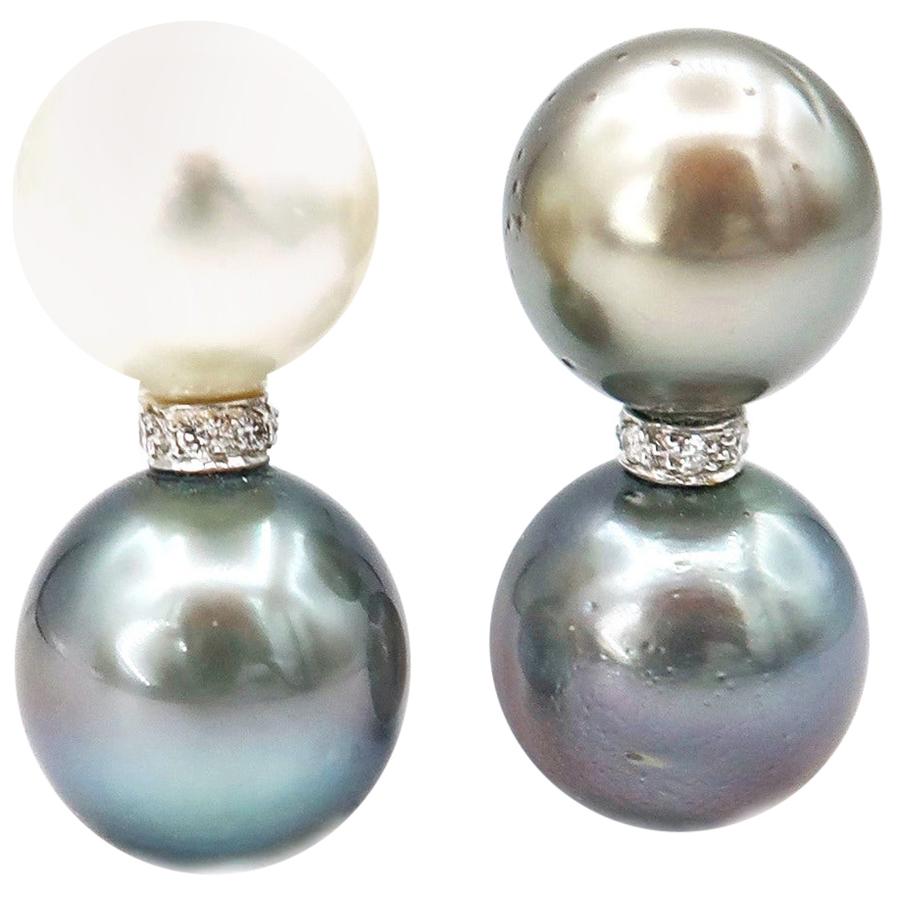 Nonidentical South Sea and Tahitian Pearl Diamond Sconce 18 Karat Gold Earrings For Sale