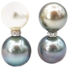 Nonidentical South Sea and Tahitian Pearl Diamond Sconce 18 Karat Gold Earrings