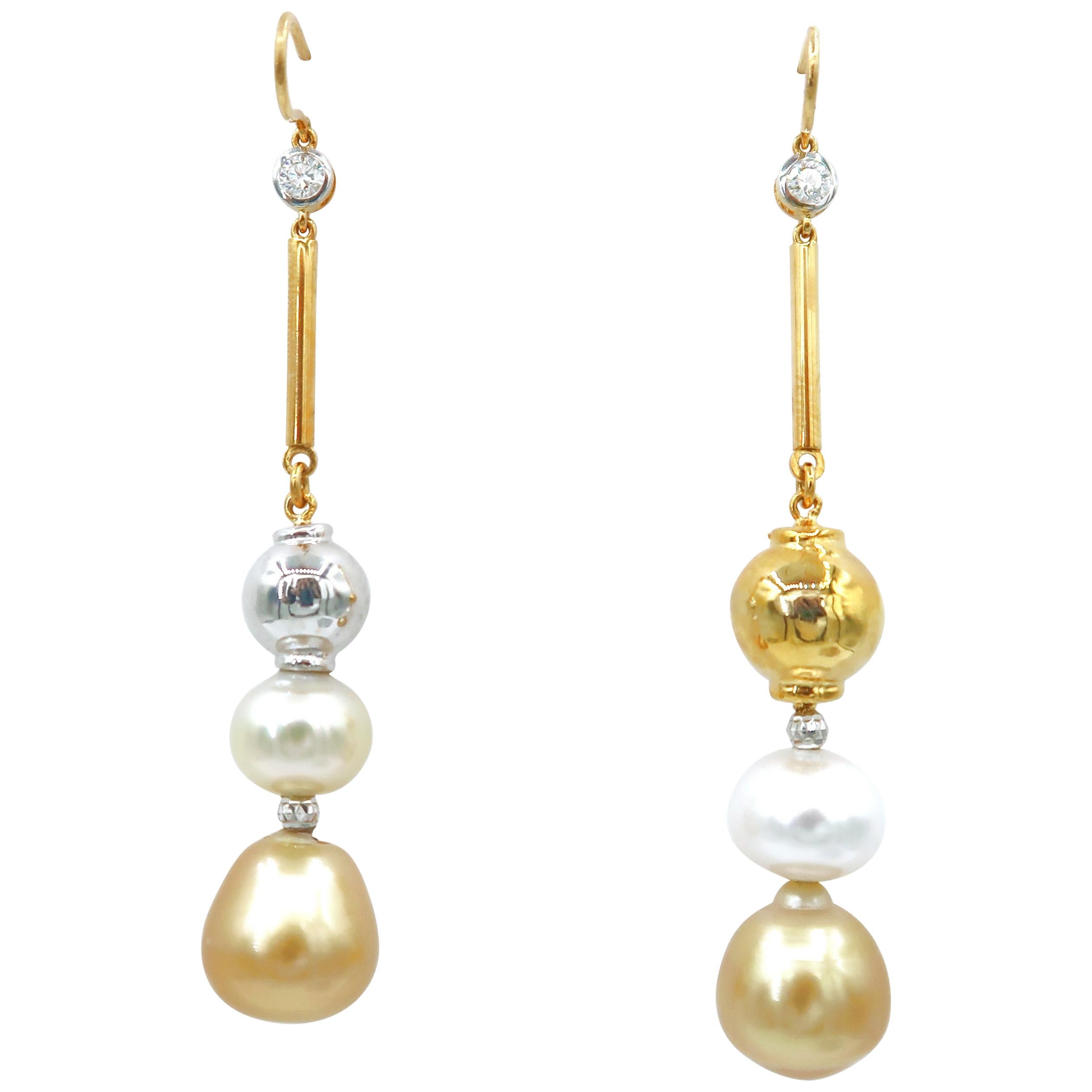 Nonidentical South Sea White Gold Pearl Gold Ball Diamond Bar Hook Earrings