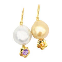 Nonidentical White & Gold South Sea Pearl Amythyst Citrine Flower Drop Earrings