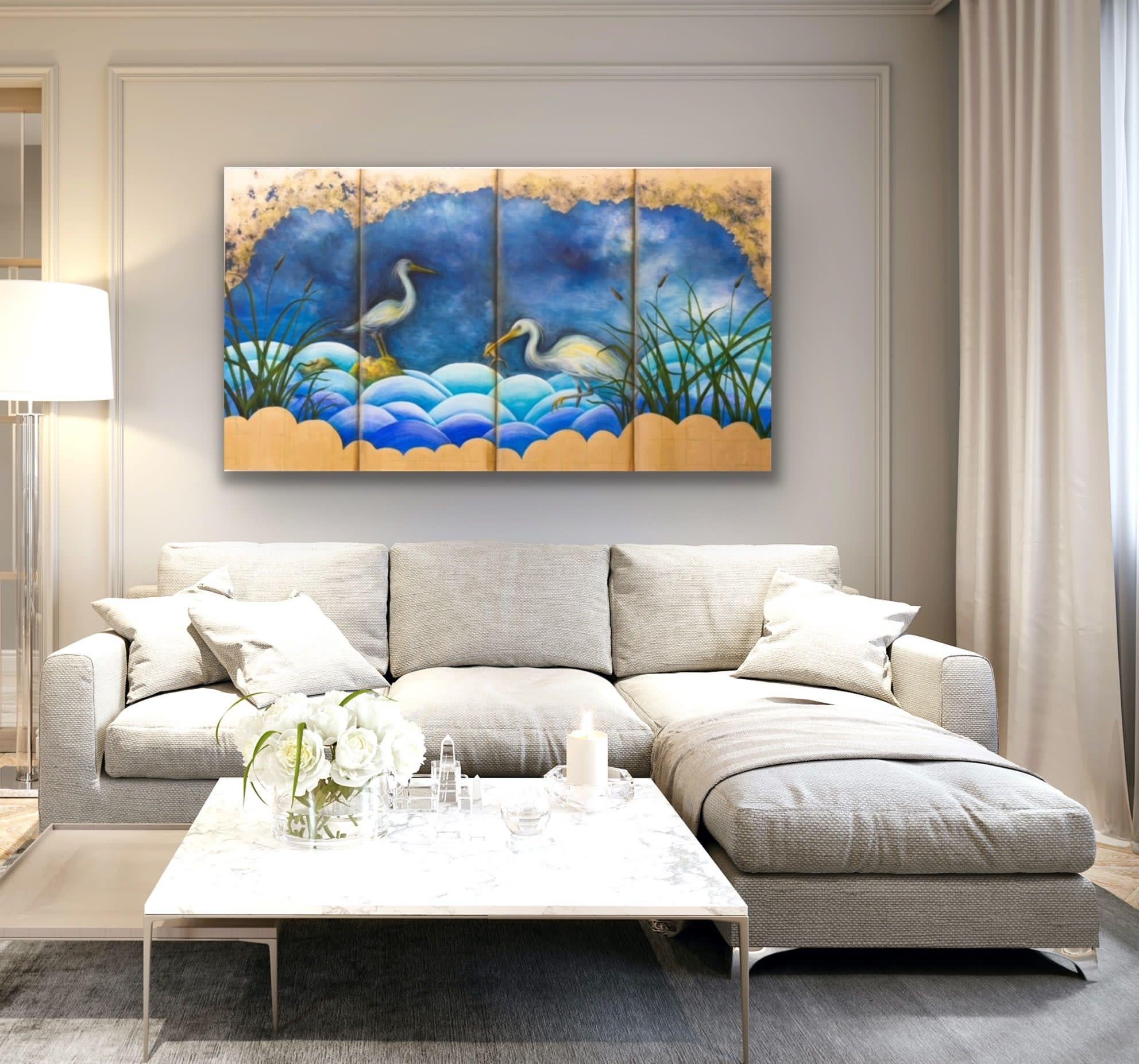 Chinoiserie Egrets, Tiermalerei, Vögel, Art déco (Blau), Animal Painting, von Nonie Clayton Bennett