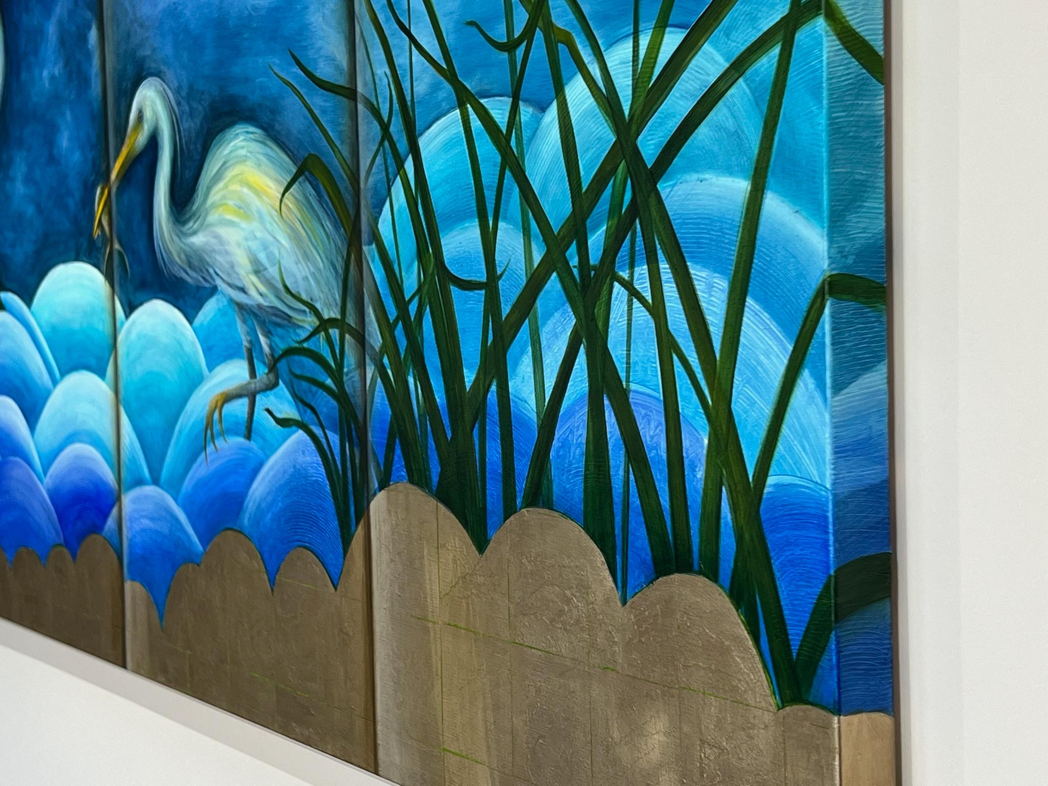 Garzas Chinoiserie, Pintura de animales, Aves, Art deco - Animal Painting Azul de Nonie Clayton Bennett