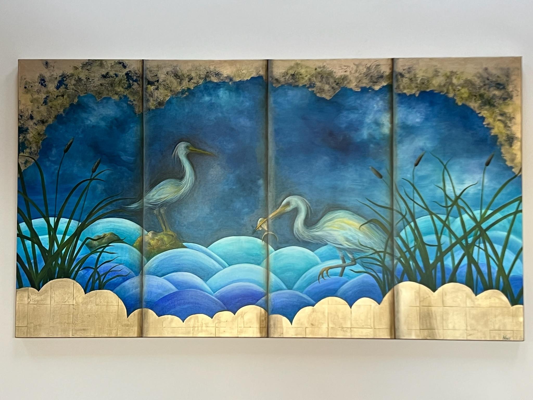 Chinoiserie Egrets, Animal painting, Birds, Art deco - Art Deco Painting by Nonie Clayton Bennett