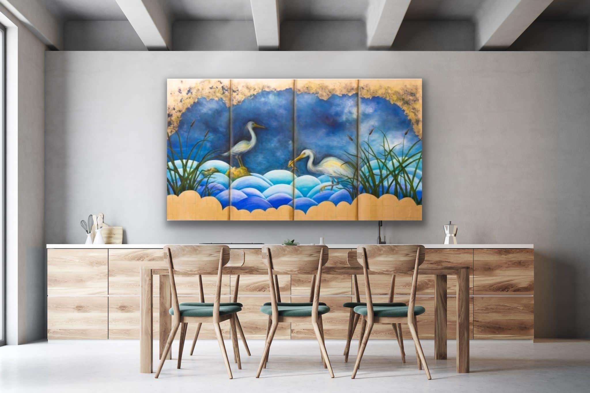 Inspired by the highly decorative wallpapers of the Art Deco period. Painted to look like panels on a screen. The dividing lines are in fact trompe l’oeil, to trick the eye. Rich blues and gold create a sense of moonlight on the water. The colours