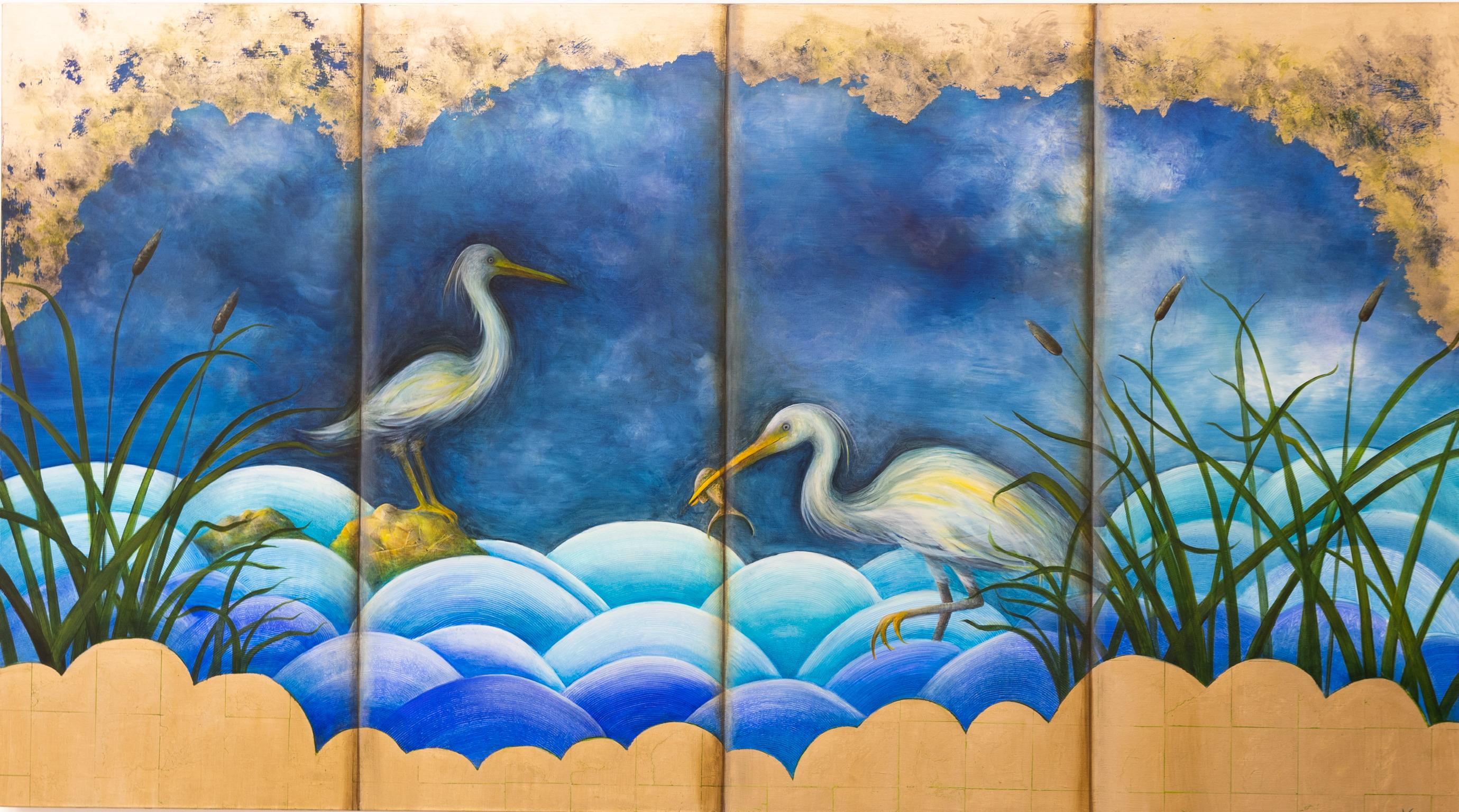 Chinoiserie Egrets, Tiermalerei, Vögel, Art déco