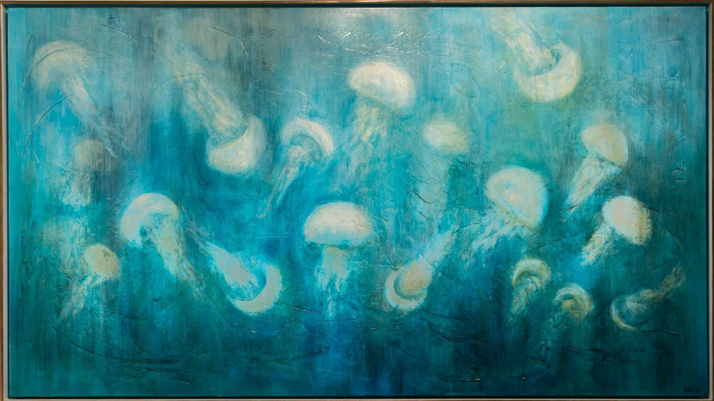 Jellyfish, Contemporary, Stylised, Fish - Art Deco Painting by Nonie Clayton Bennett