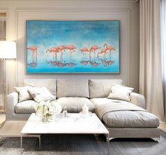 Fenicotteri riflessi, Quadro originale, Arte animale, Tropicale, Fauna selvatica, Blu