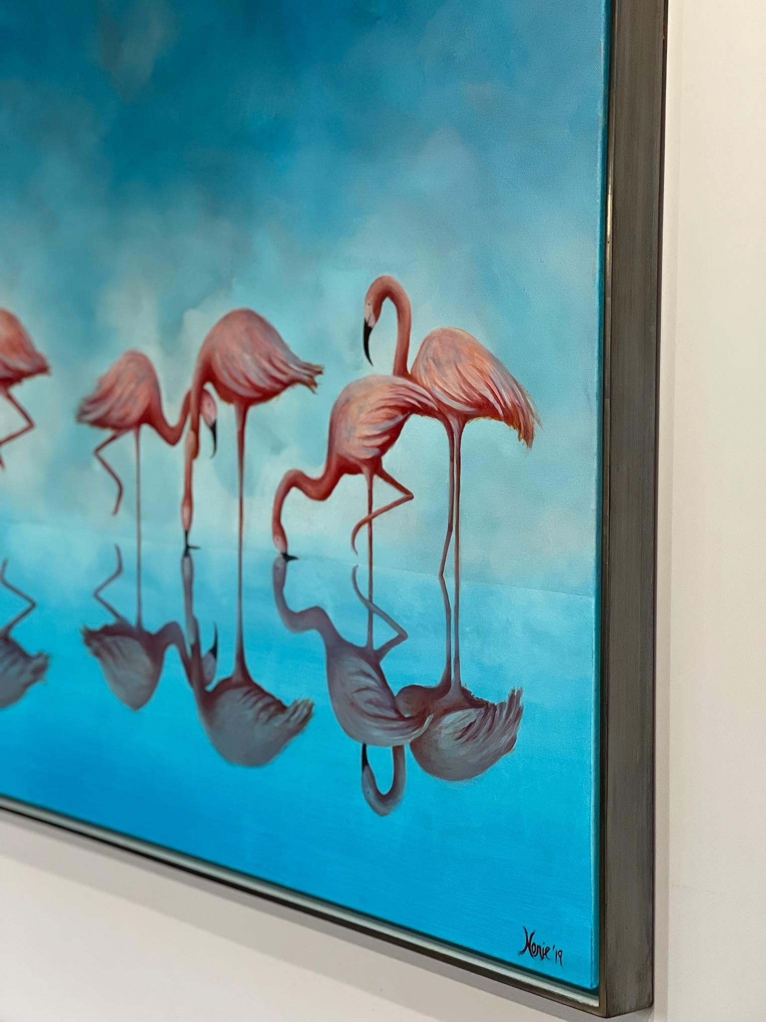 Reflected Flamingos, Original painting, Animal art, Tropical, Wildlife, Blue - Art Deco Painting by Nonie Clayton Bennett
