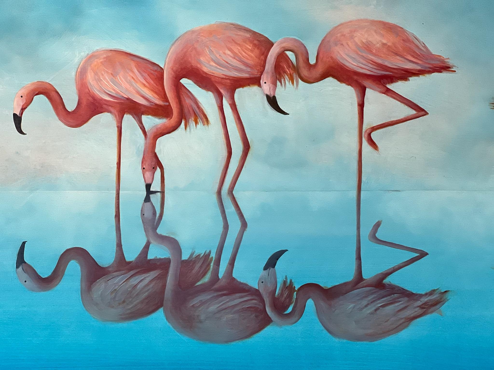 Reflected Flamingos, Original painting, Animal art, Tropical, Wildlife, Blue - Art Deco Painting by Nonie Clayton Bennett