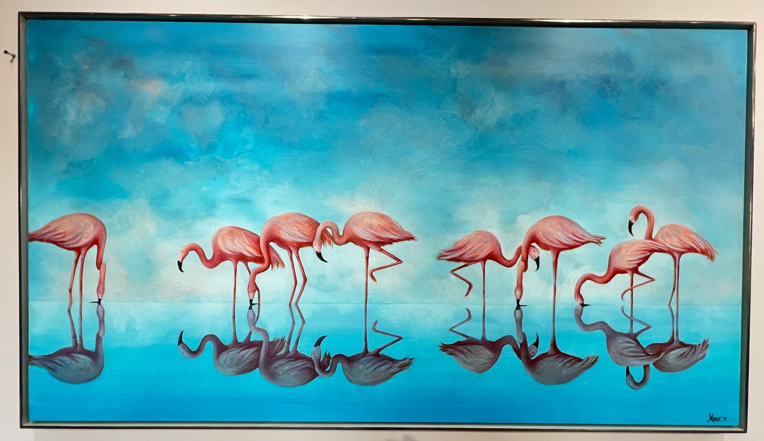 Reflected Flamingos, Originalgemälde, Tierkunst, Tropisch, Wildtiere, Blau im Angebot 1