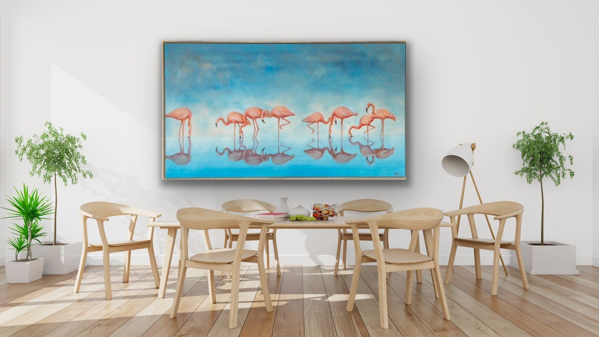 Reflected Flamingos, Original painting, Animal art, Tropical, Wildlife, Blue For Sale 2