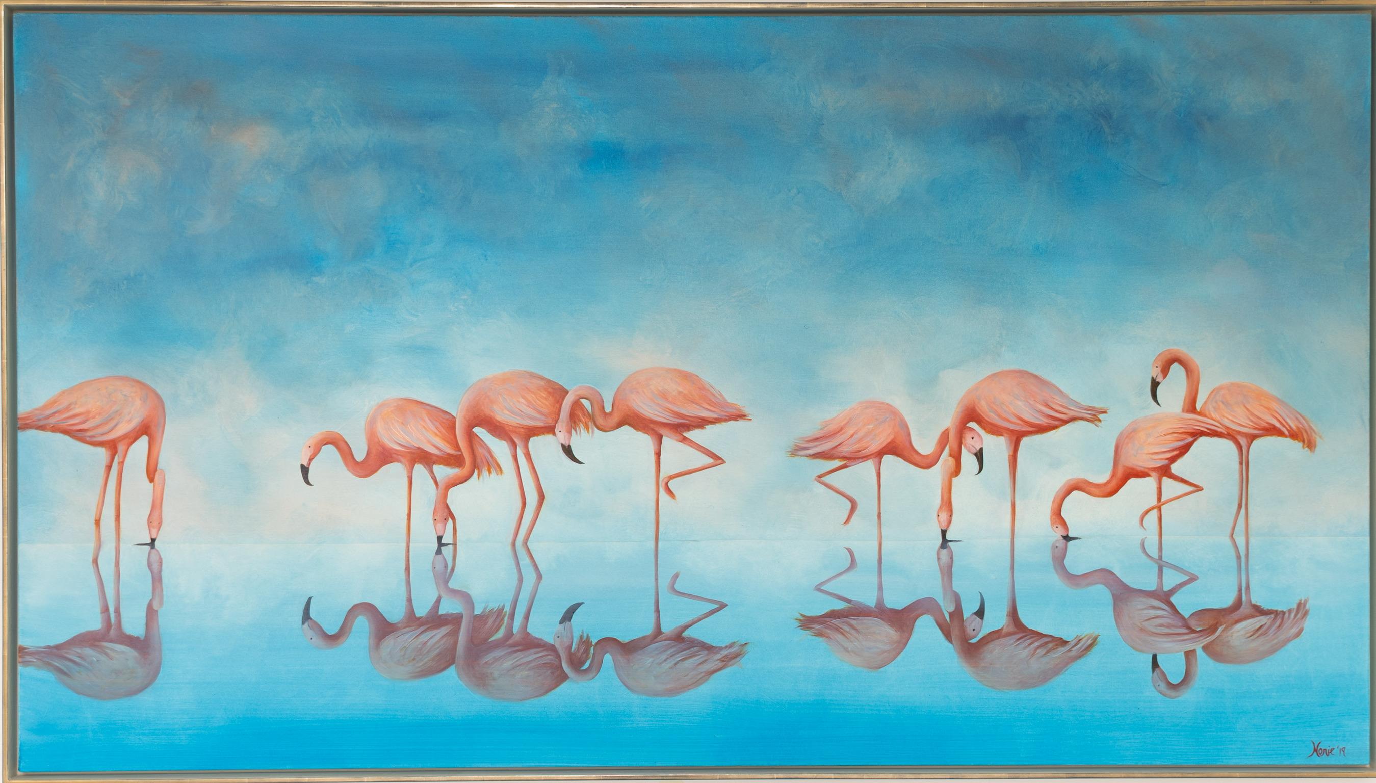 Nonie Clayton Bennett Animal Painting – Reflected Flamingos, Originalgemälde, Tierkunst, Tropisch, Wildtiere, Blau
