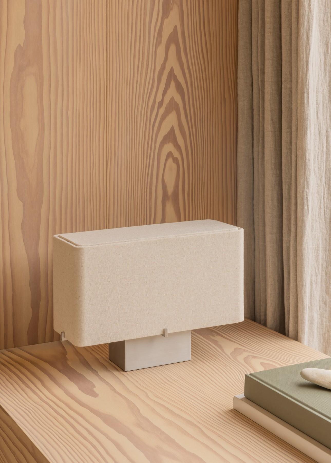 Scandinavian Modern Nonna Table Lamp H24, Brushed Aluminum/Linen by Kroyer-Saetter-Lassen for Audo For Sale