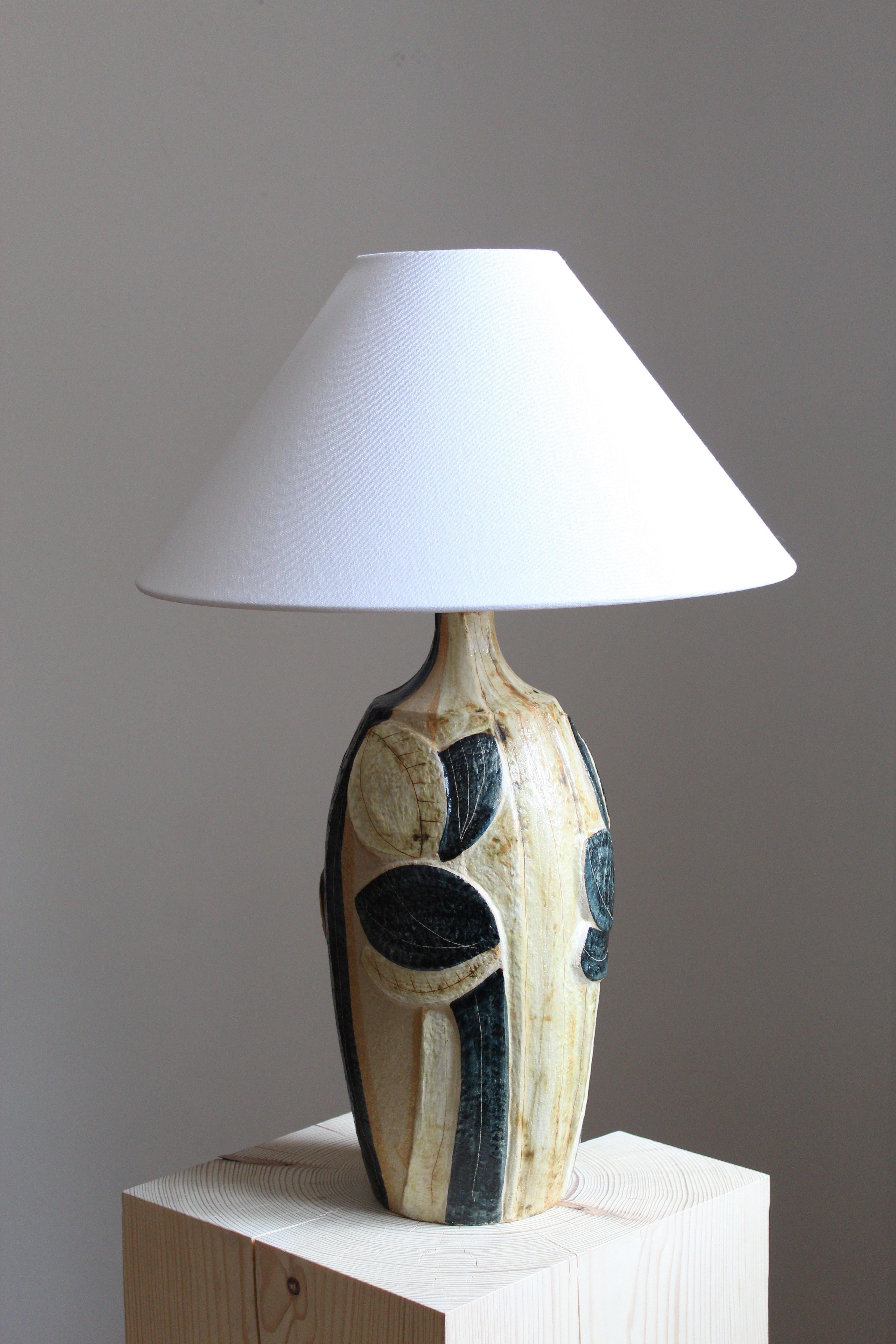 A large table lamp produced by Søholm Keramik, located on the island of Bornholm in Denmark. Design by Noomi Backhausen, signed. Lampshade not included.

Glaze features green-yellow-beige-brown colors.

  