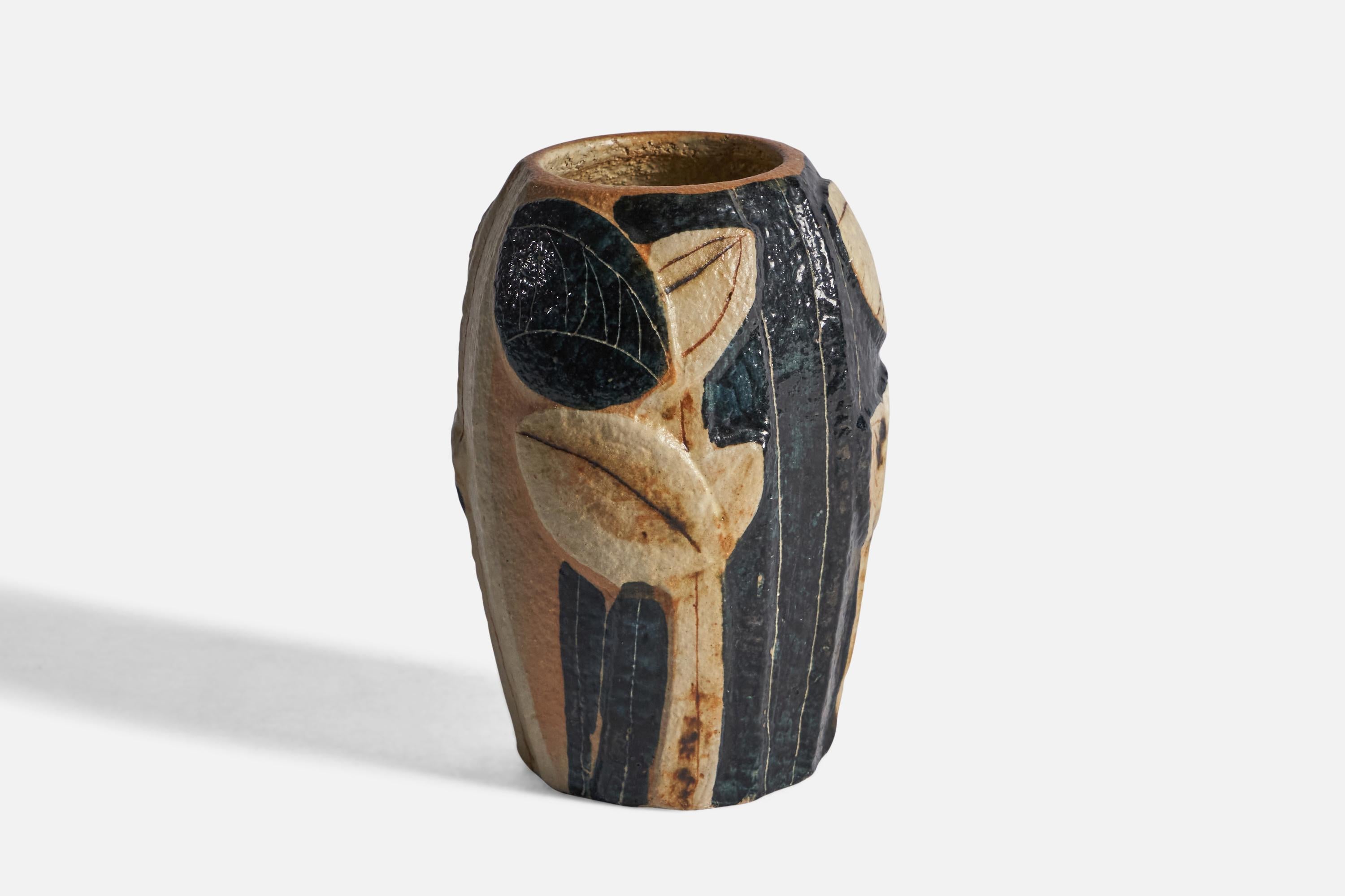 A beige and black-glazed stoneware vase with relief decoration, designed by Noomi Backhausen and produced by Søholm, Bornholm, Denmark, 1960s.