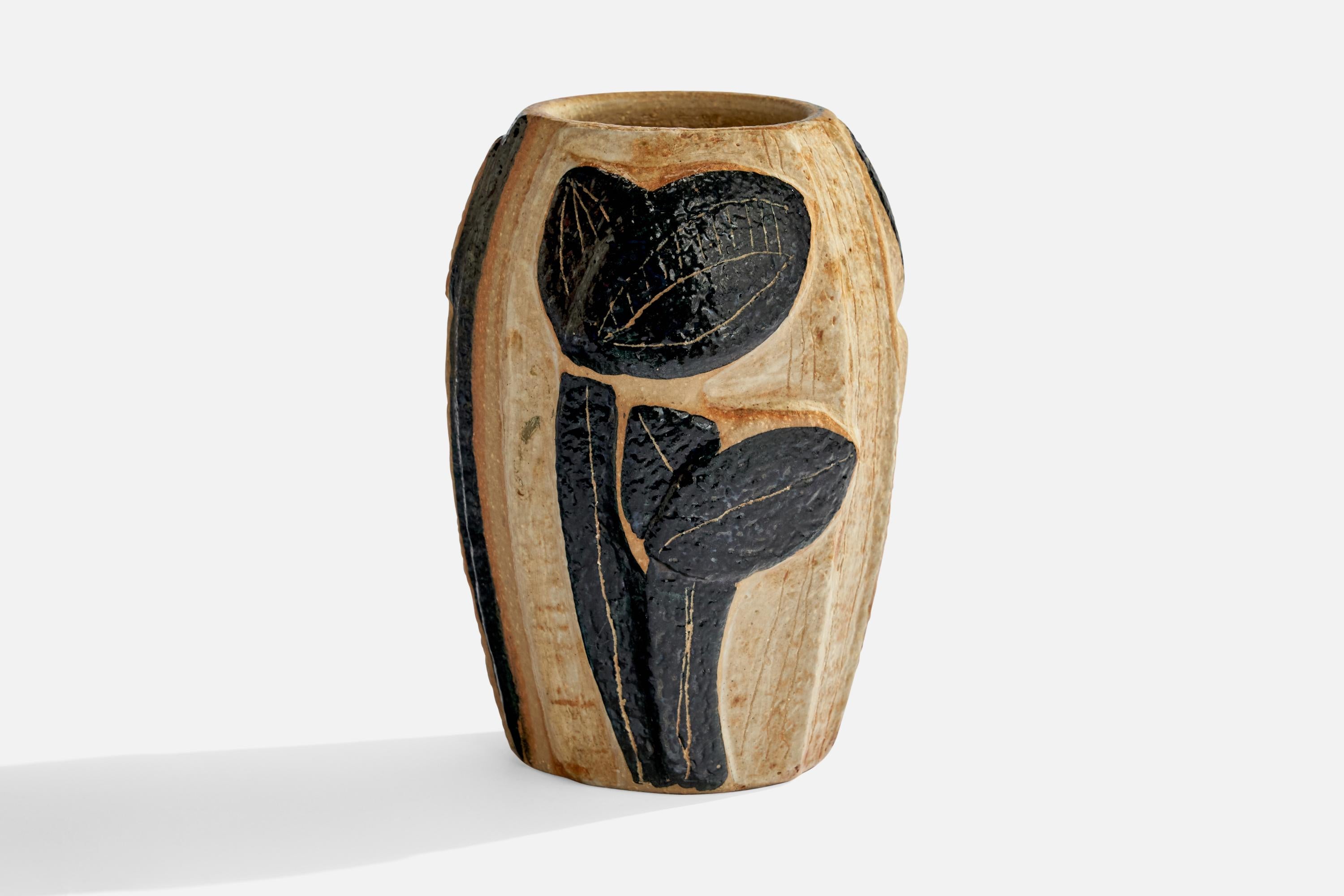 A beige and black-glazed stoneware vase with relief decoration, designed by Noomi Backhausen and produced by Søholm, Bornholm, Denmark, 1960s.