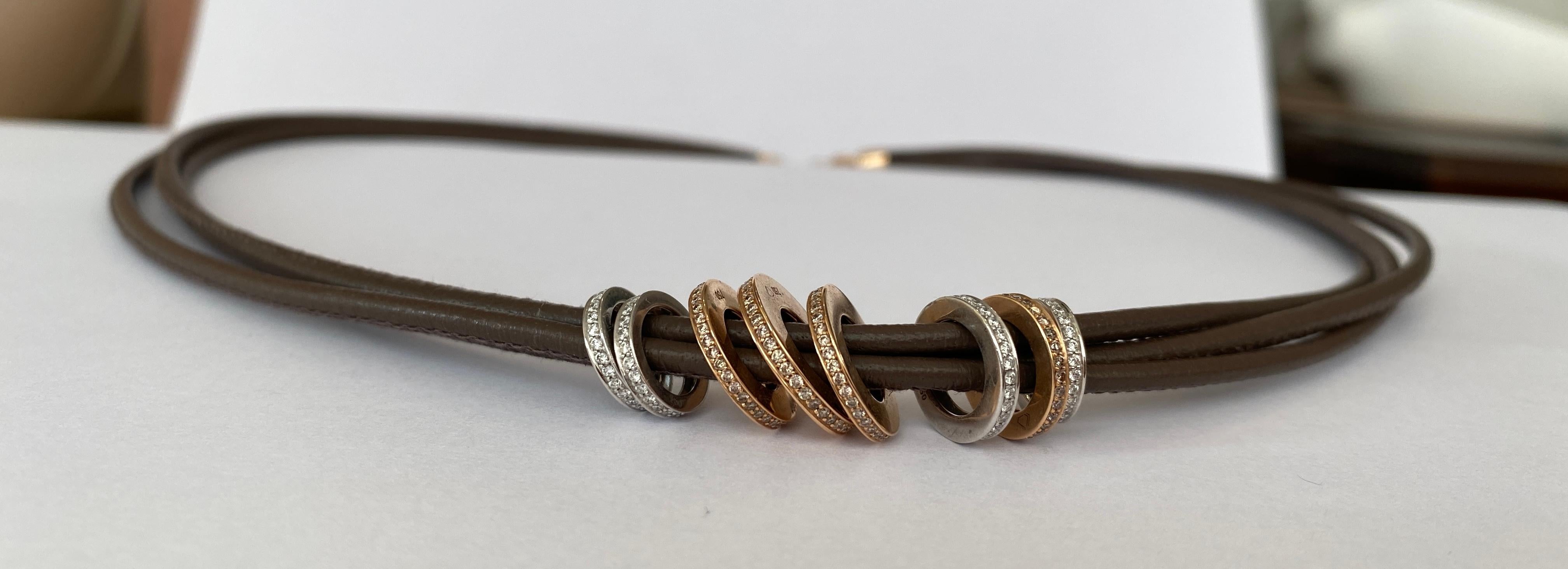 da uomo o donna Collana di diamanti e cuoio di Noor in oro rosa 18 carati modello Looping in vendita