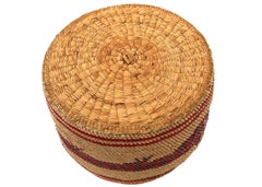 Antique Nootka Lidded Basket with Red Sea Wolf Motif, Northwest Coast, 1900s