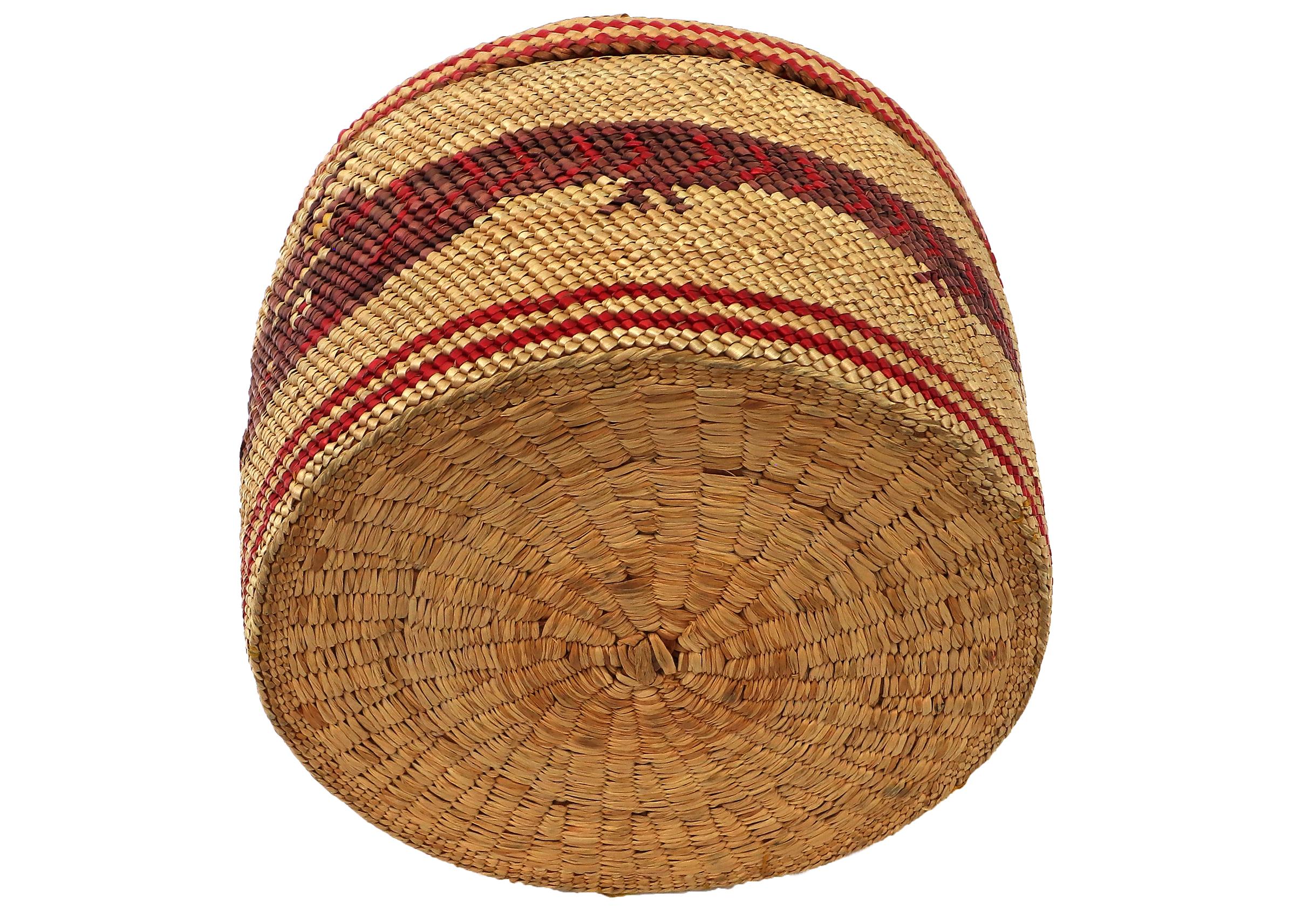 Nootka Northwest Coast 1900 Woven Basket with Top, Red and Black Designs In Good Condition For Sale In Denver, CO