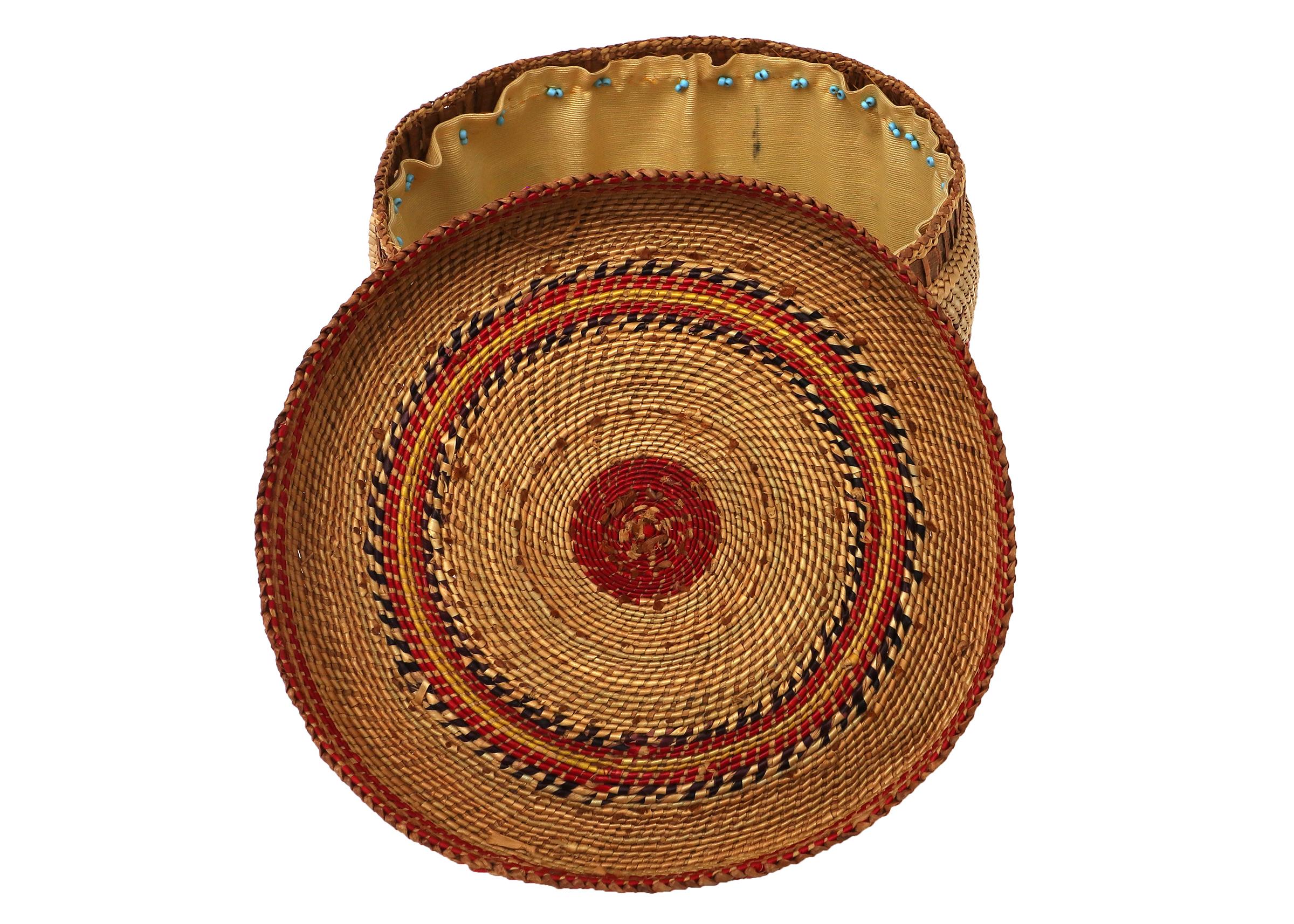 Natural Fiber Nootka Northwest Coast 1900 Woven Basket with Top, Red and Black Designs For Sale