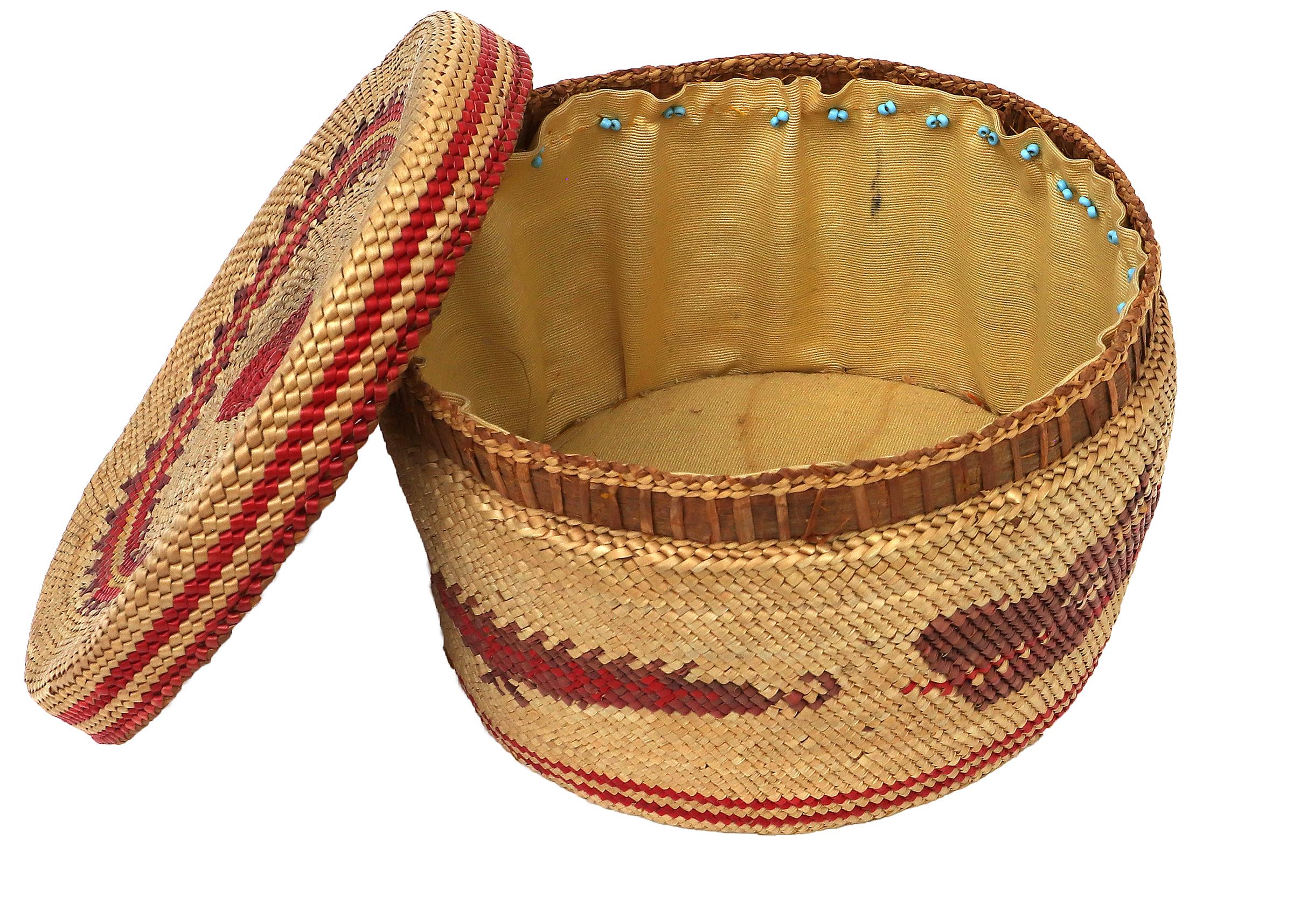 Nootka Northwest Coast 1900 Woven Basket with Top, Red and Black Designs For Sale 1