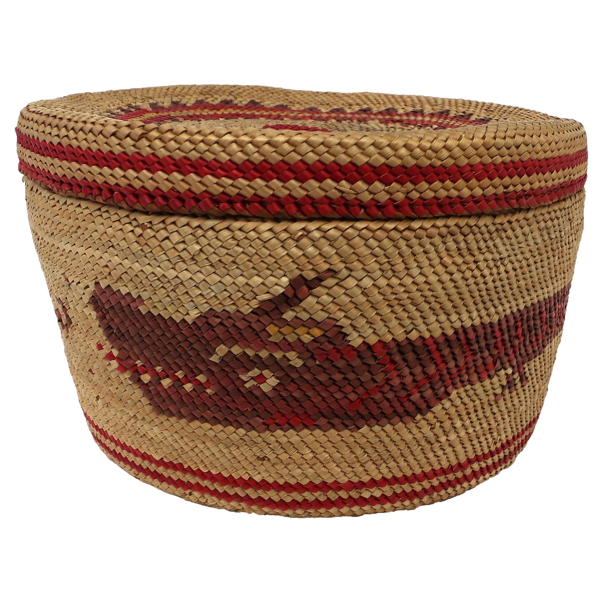 Nootka Northwest Coast 1900 Woven Basket with Top, Red and Black Designs For Sale