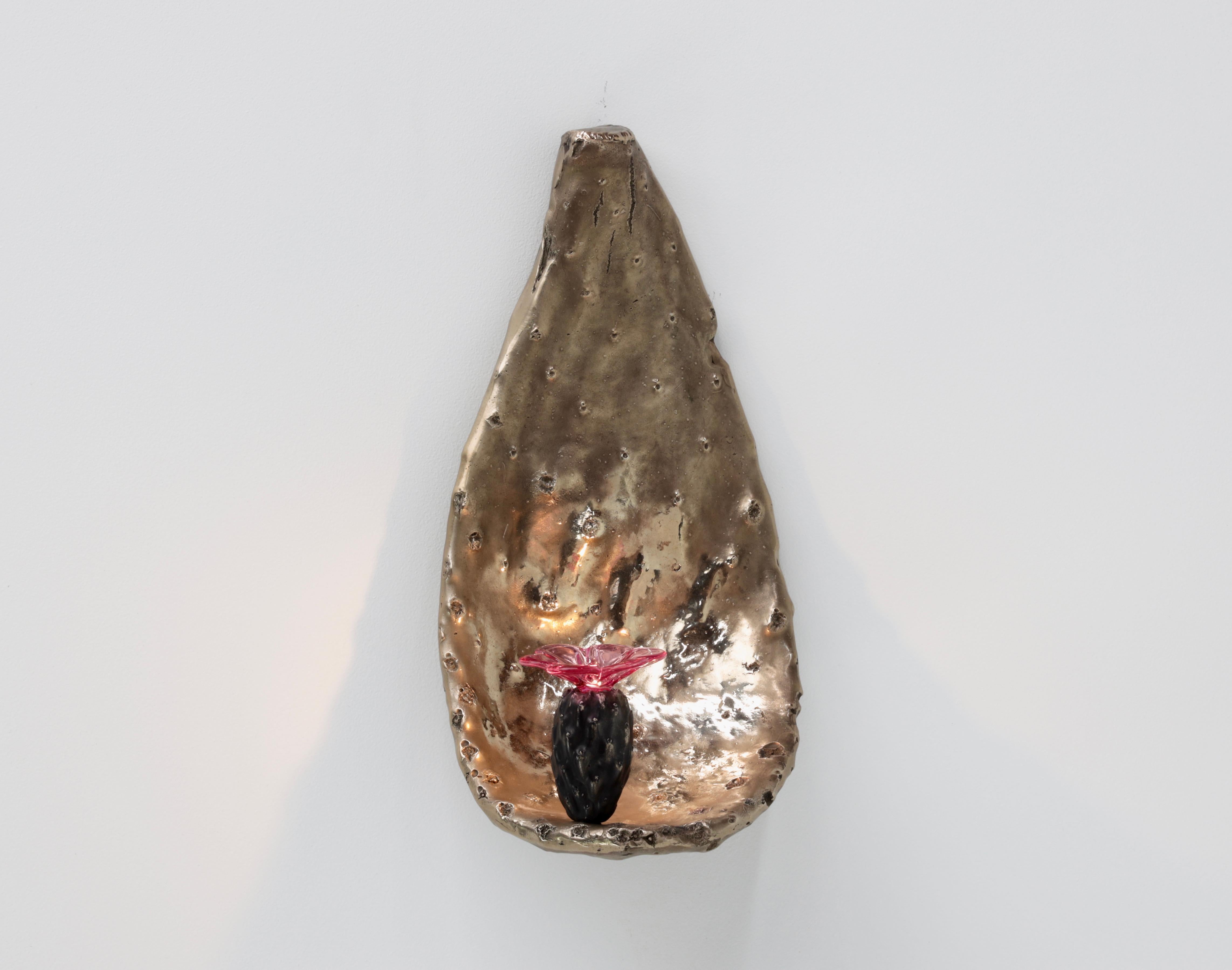 Organic Modern Nopales Sconce in Bronze with Pink Glass Flower by Christopher Kreiling For Sale