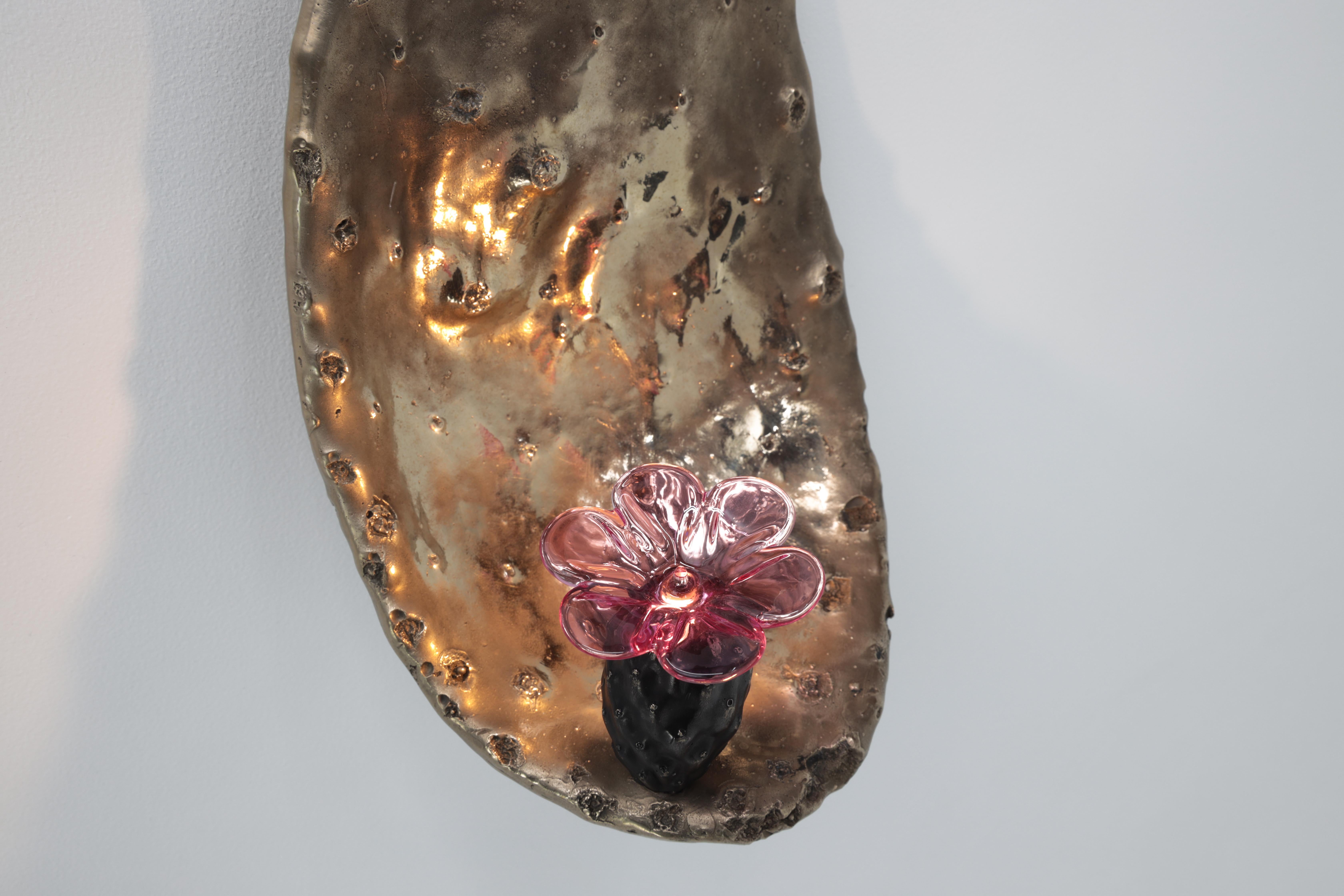 American Nopales Sconce in Bronze with Pink Glass Flower by Christopher Kreiling For Sale